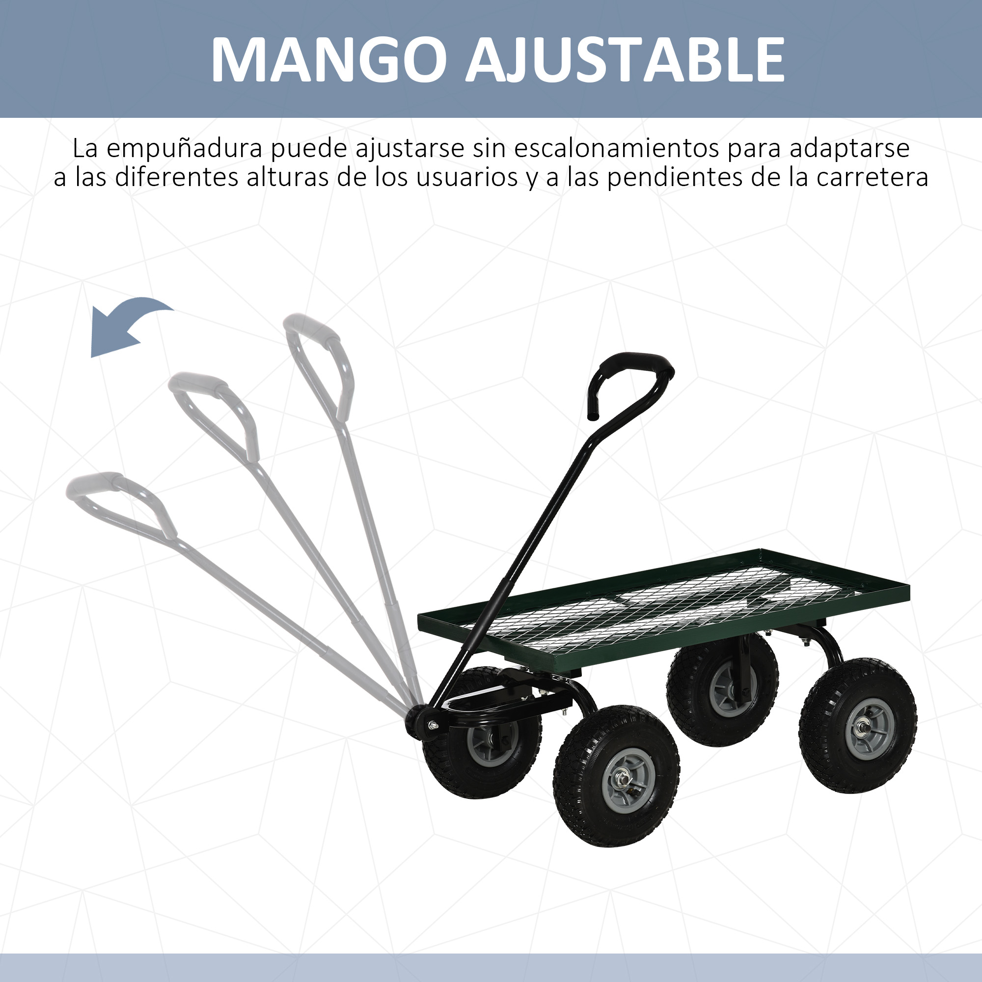 Carro de jardín verde con mango ajustable y cuatro ruedas.