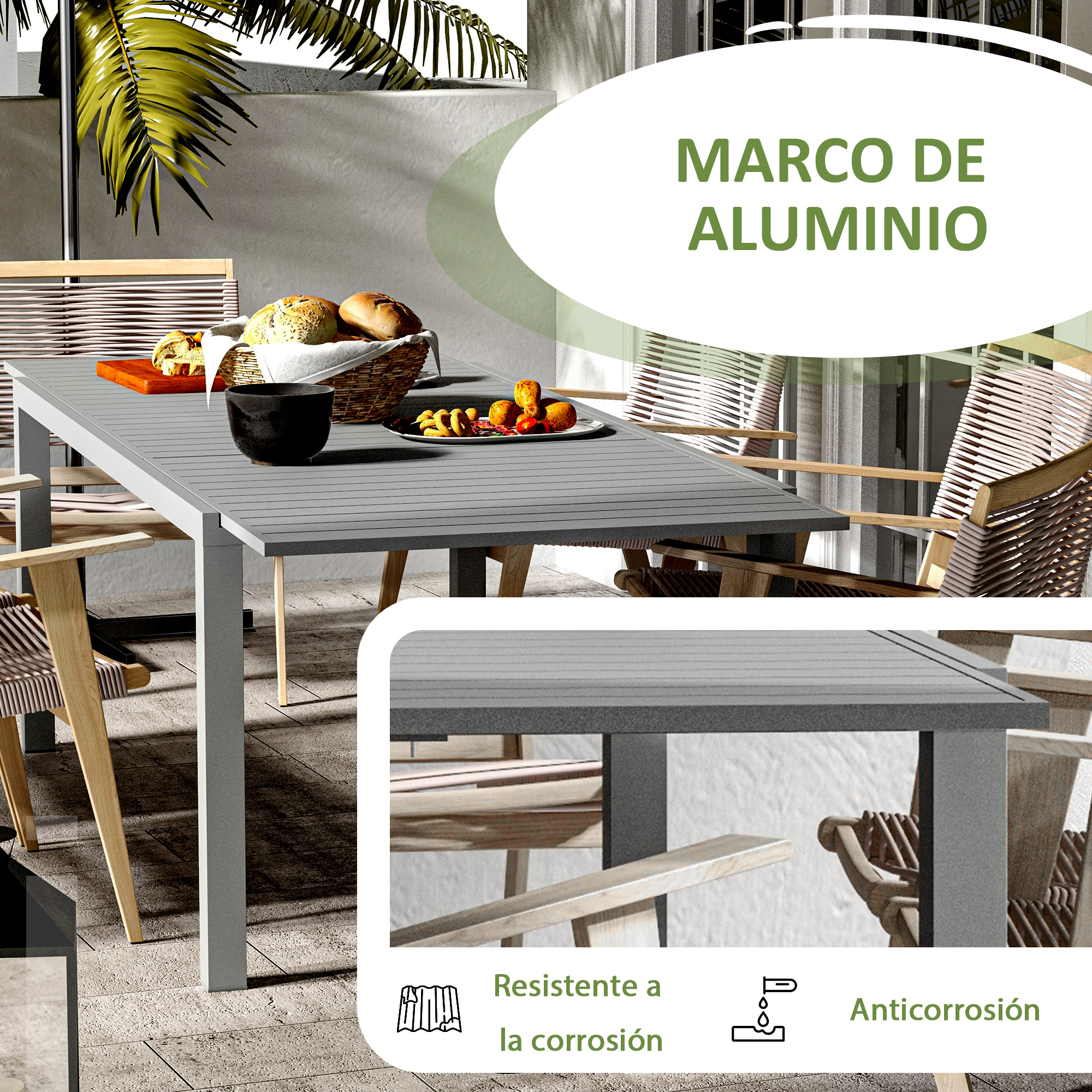 Mesa gris de aluminio con sillas, cesta de pan y frutero.