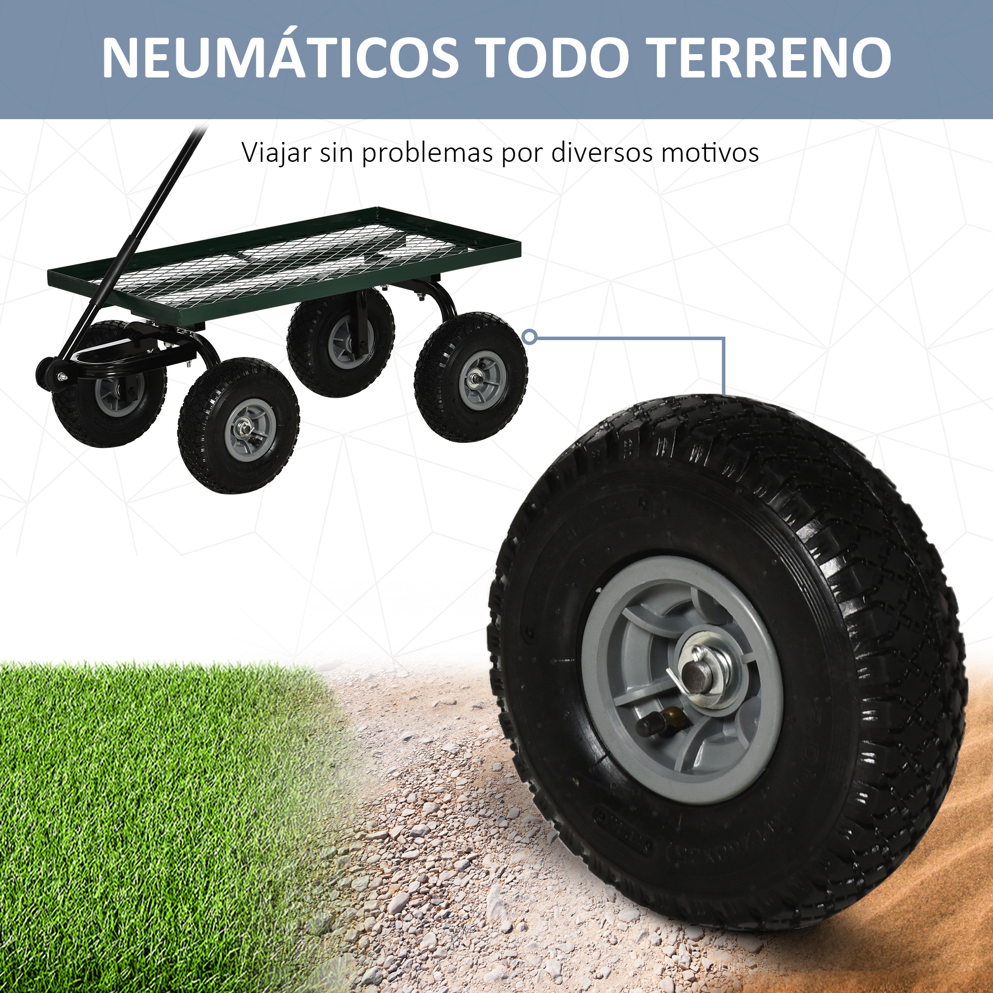 Un carro verde con cuatro llantas está sobre grava y césped.