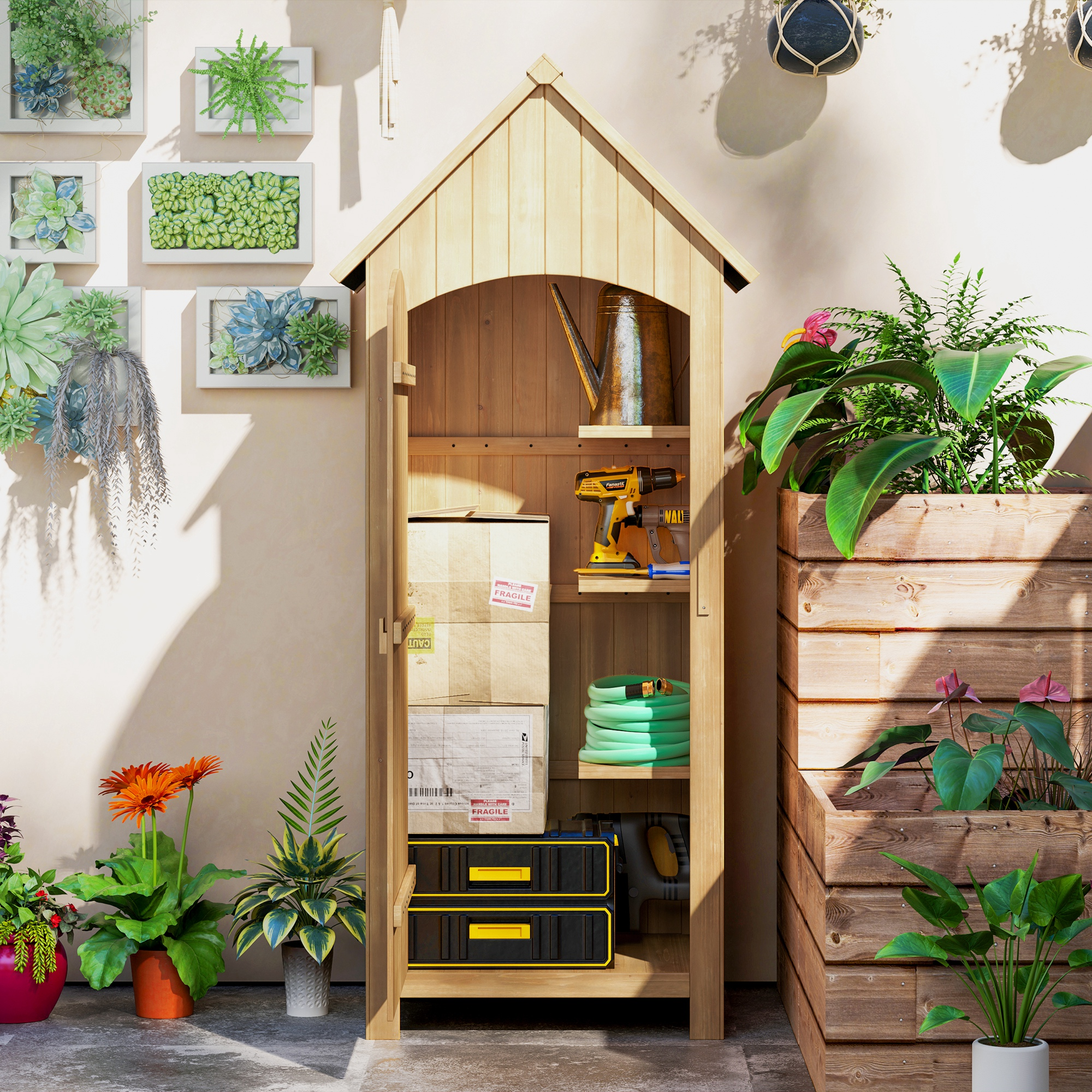 Un armario de madera con herramientas, cajas y manguera, con plantas cerca.