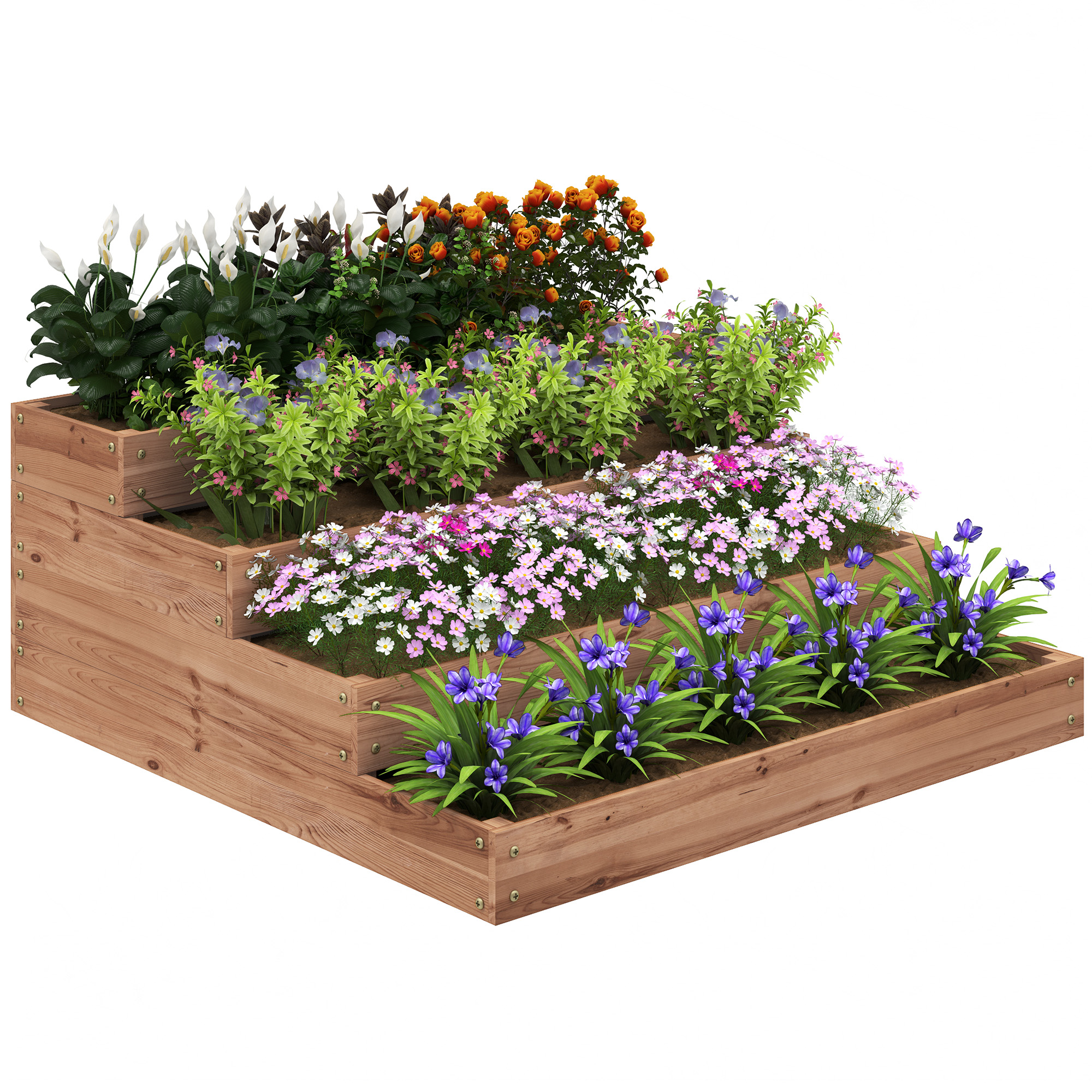 Un'aiuola rialzata in legno a più livelli piantata con fiori.