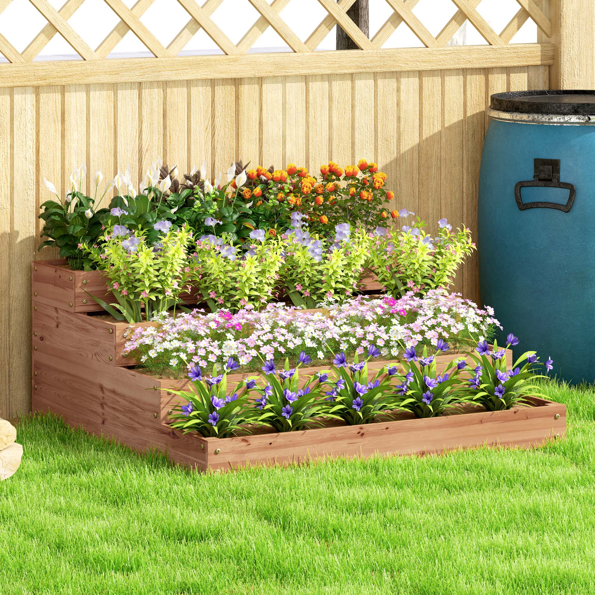 Fioriera in legno a più livelli con fiori colorati e un barile blu.