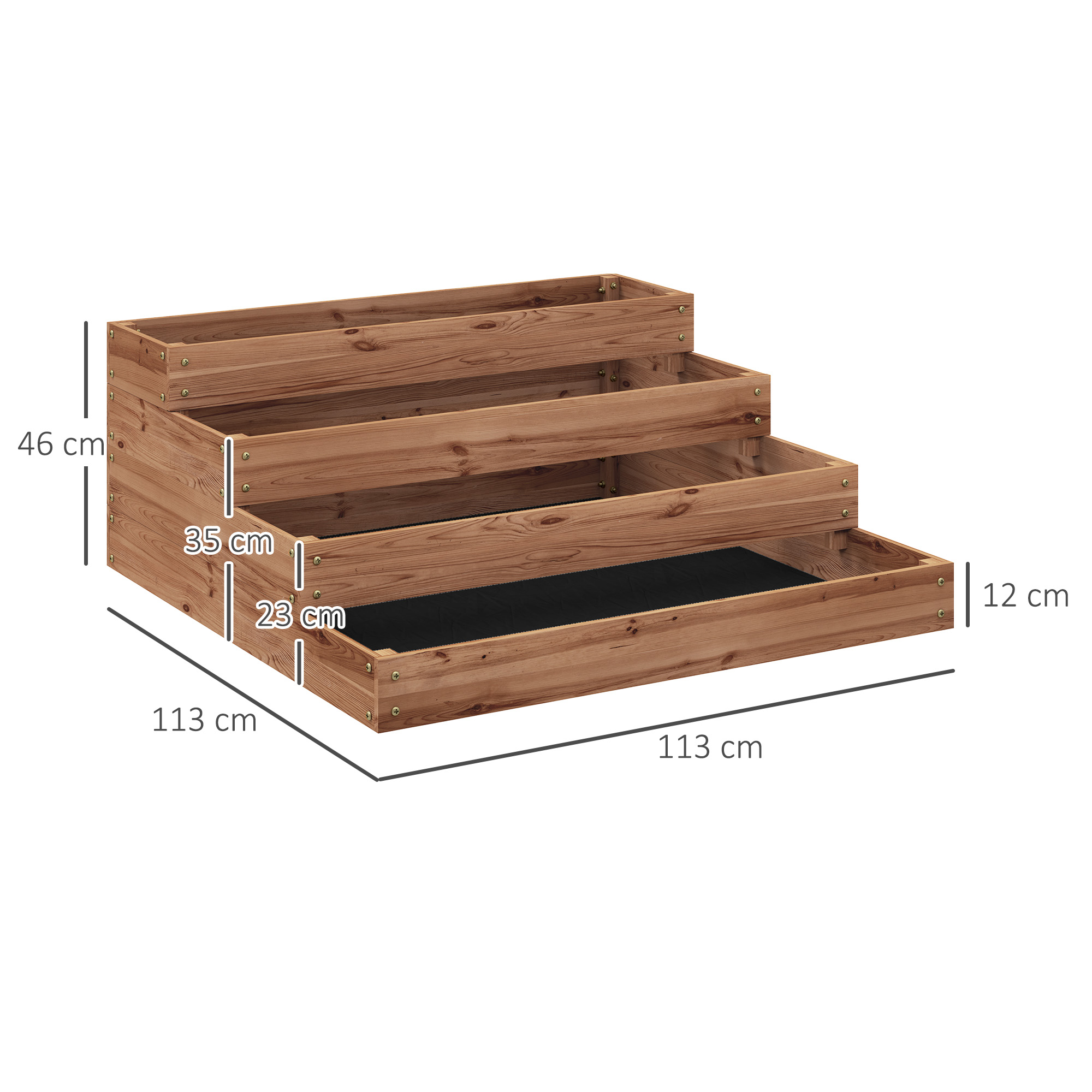 Fioriera in legno a gradoni con tre livelli, 113x113x46 cm.