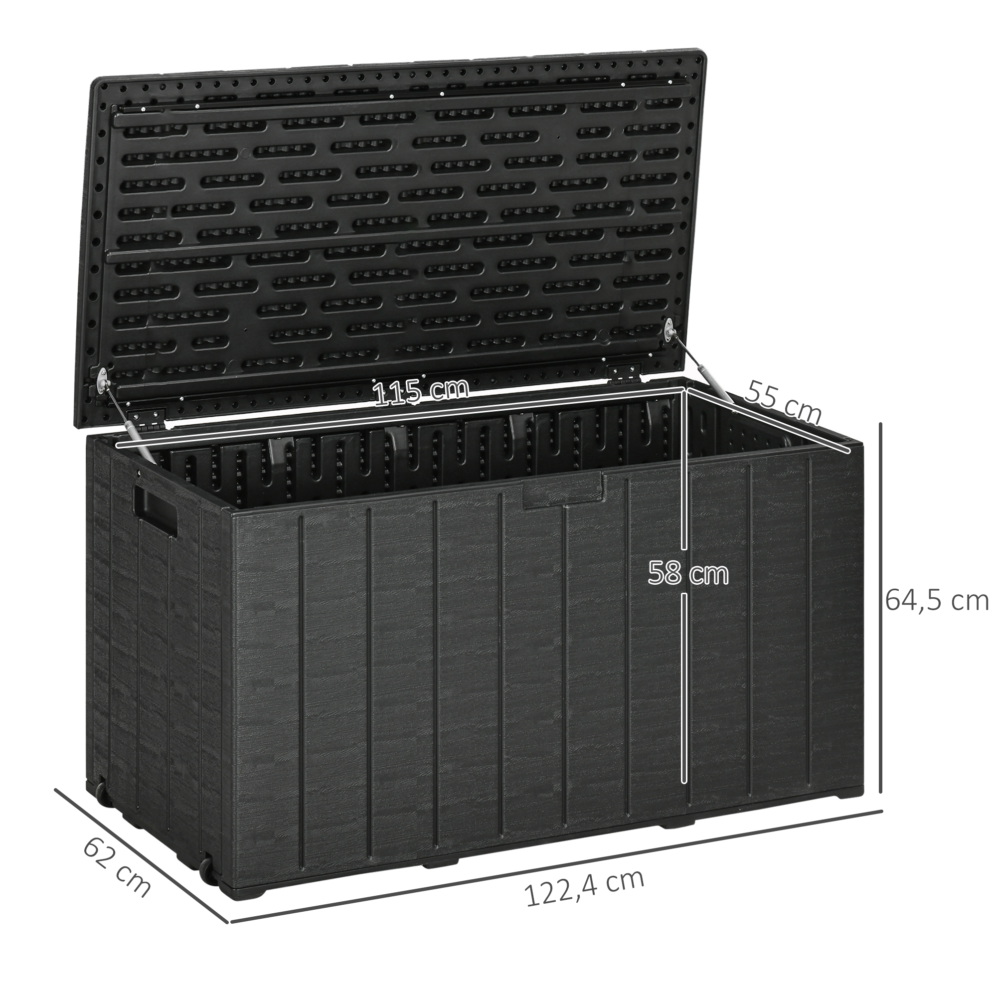 Caja de almacenamiento negra con tapa abierta, se muestran dimensiones.