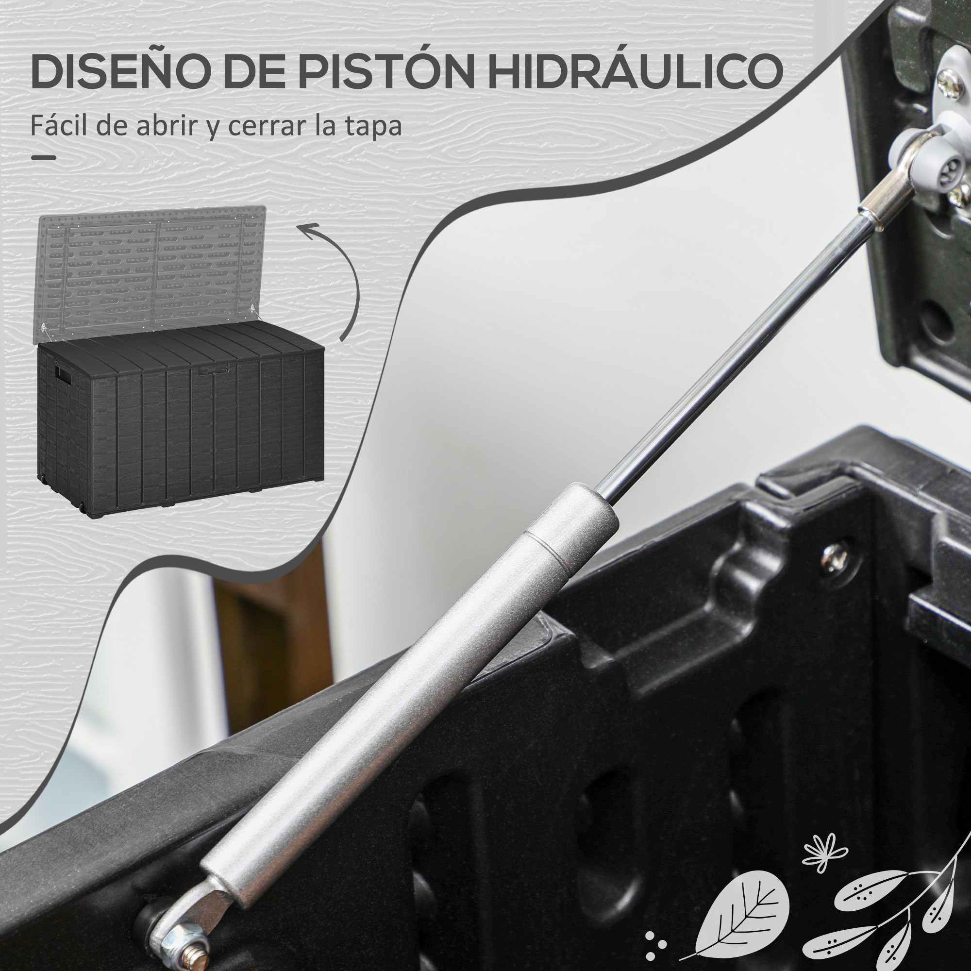 Una caja de almacenamiento negra con la tapa abierta y un brazo hidráulico plateado.