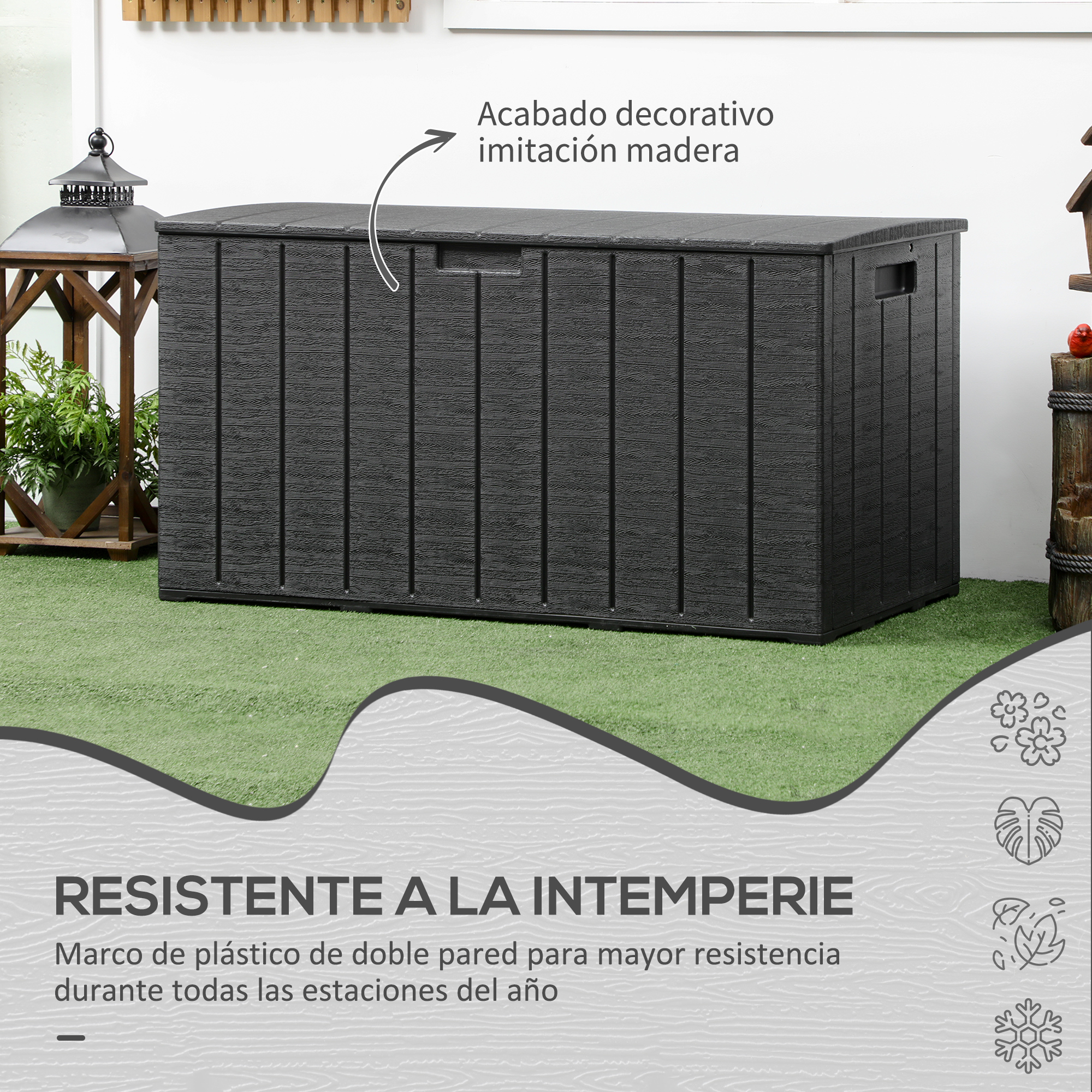 Caja de almacenamiento gris oscuro con textura de madera, al aire libre.