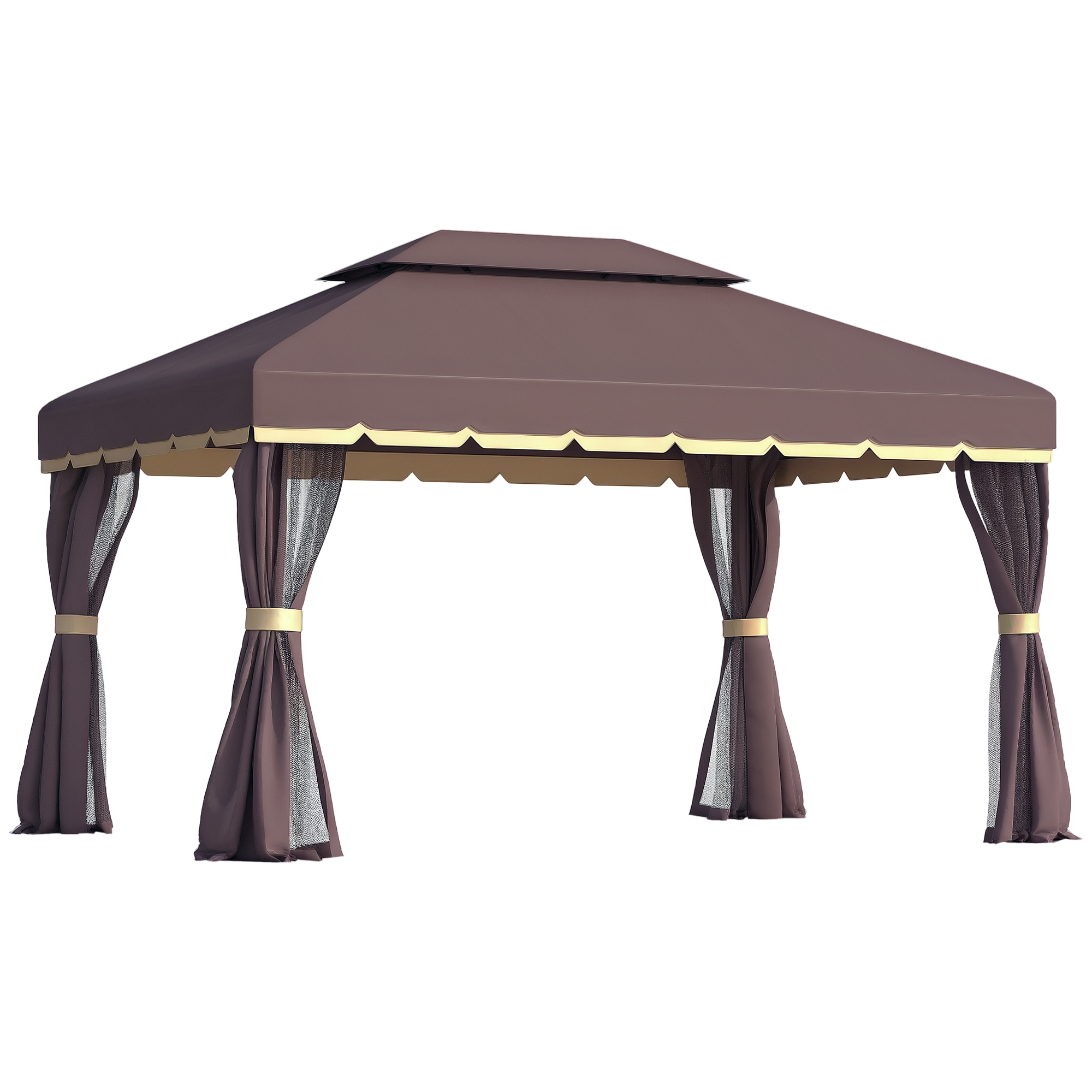 Un gazebo marrone con tende trasparenti e bordatura dorata, isolato.
