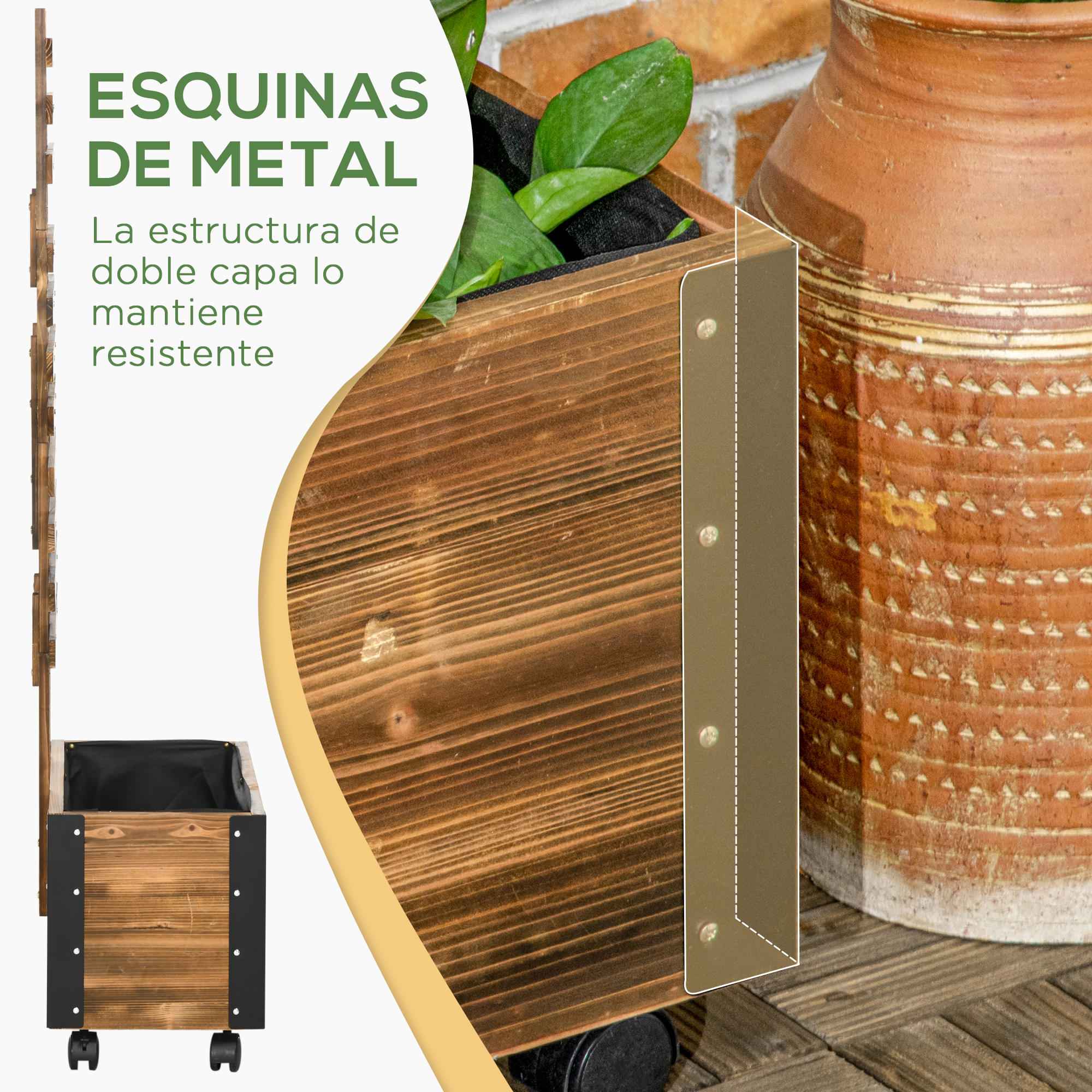 Maceta de madera con refuerzo metálico y ruedas, junto a un jarrón de terracota.