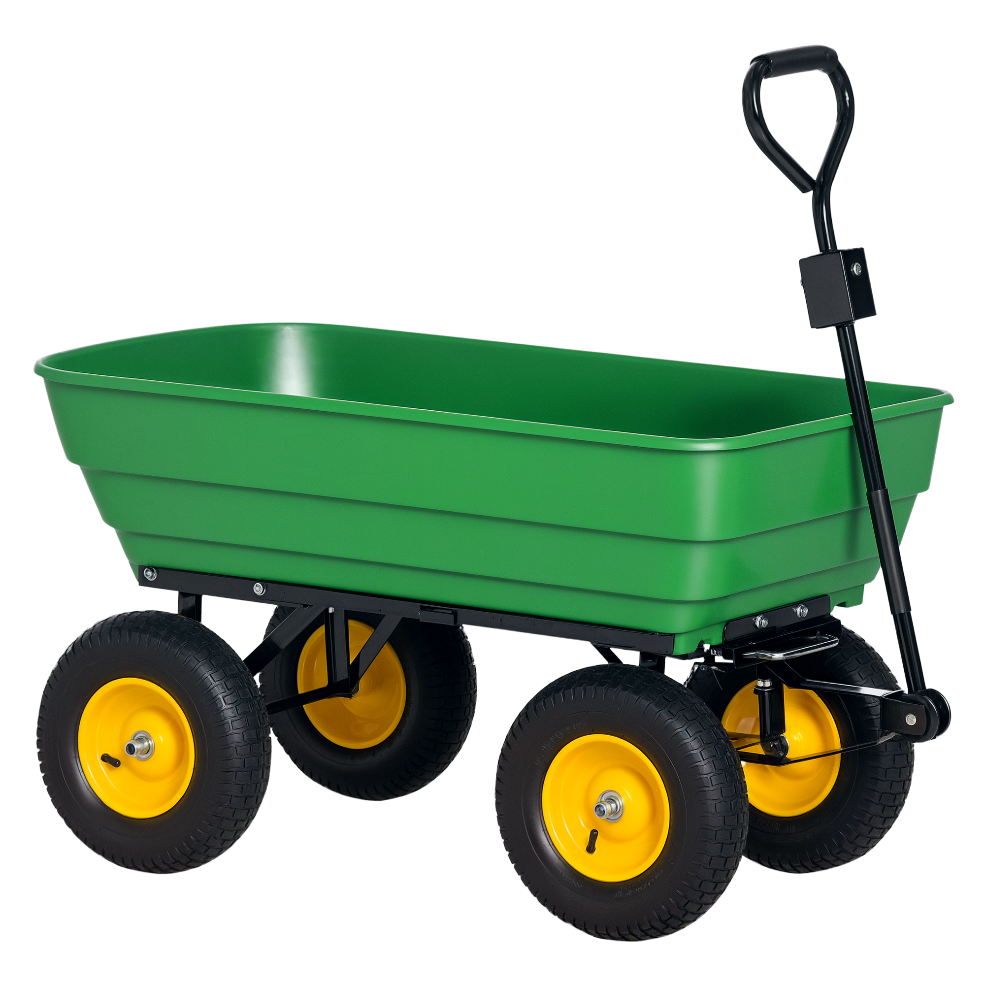 Un carrello da giardino verde con quattro ruote e manico nero.