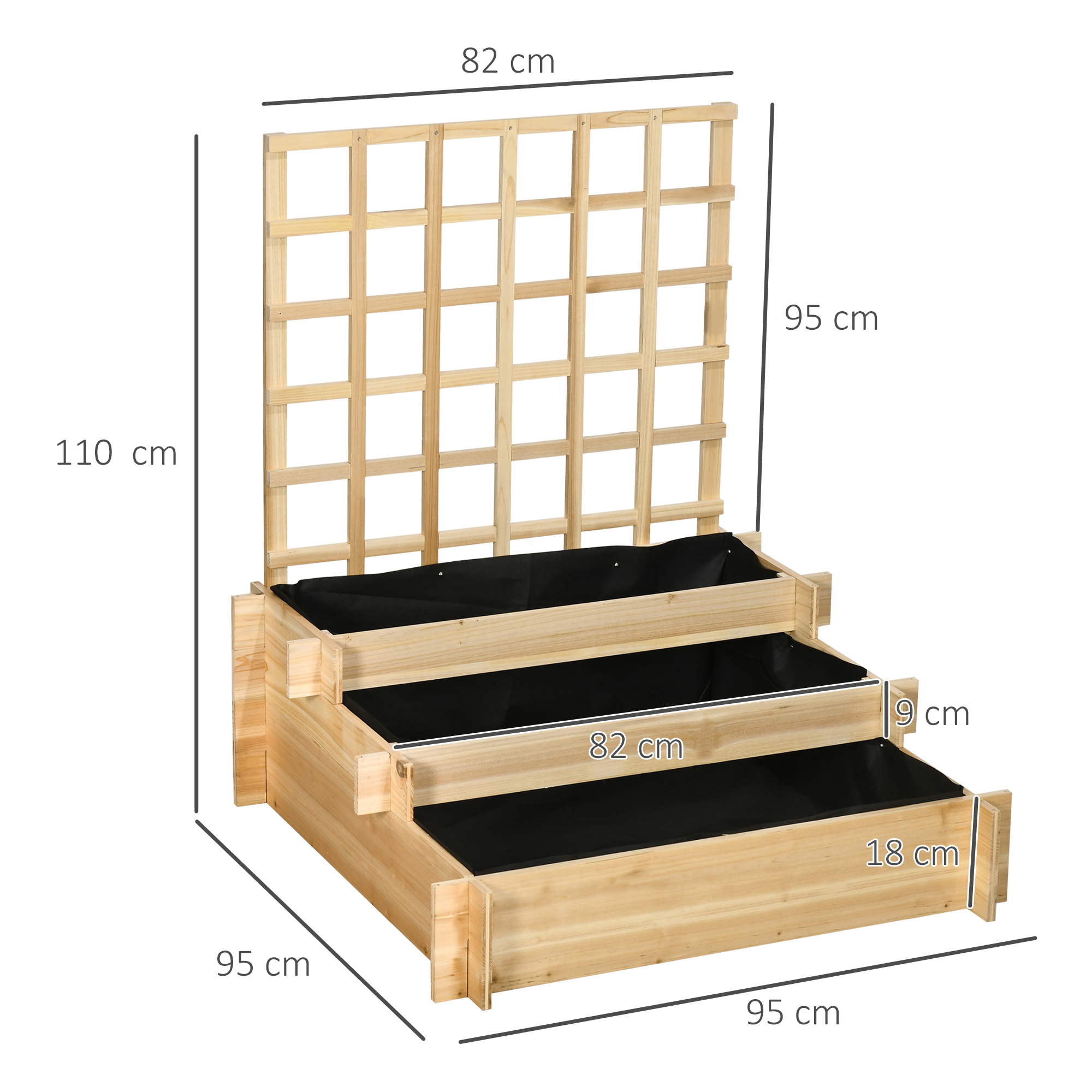 Macetero de madera escalonado con enrejado, 3 niveles, 110x95x95 cm.