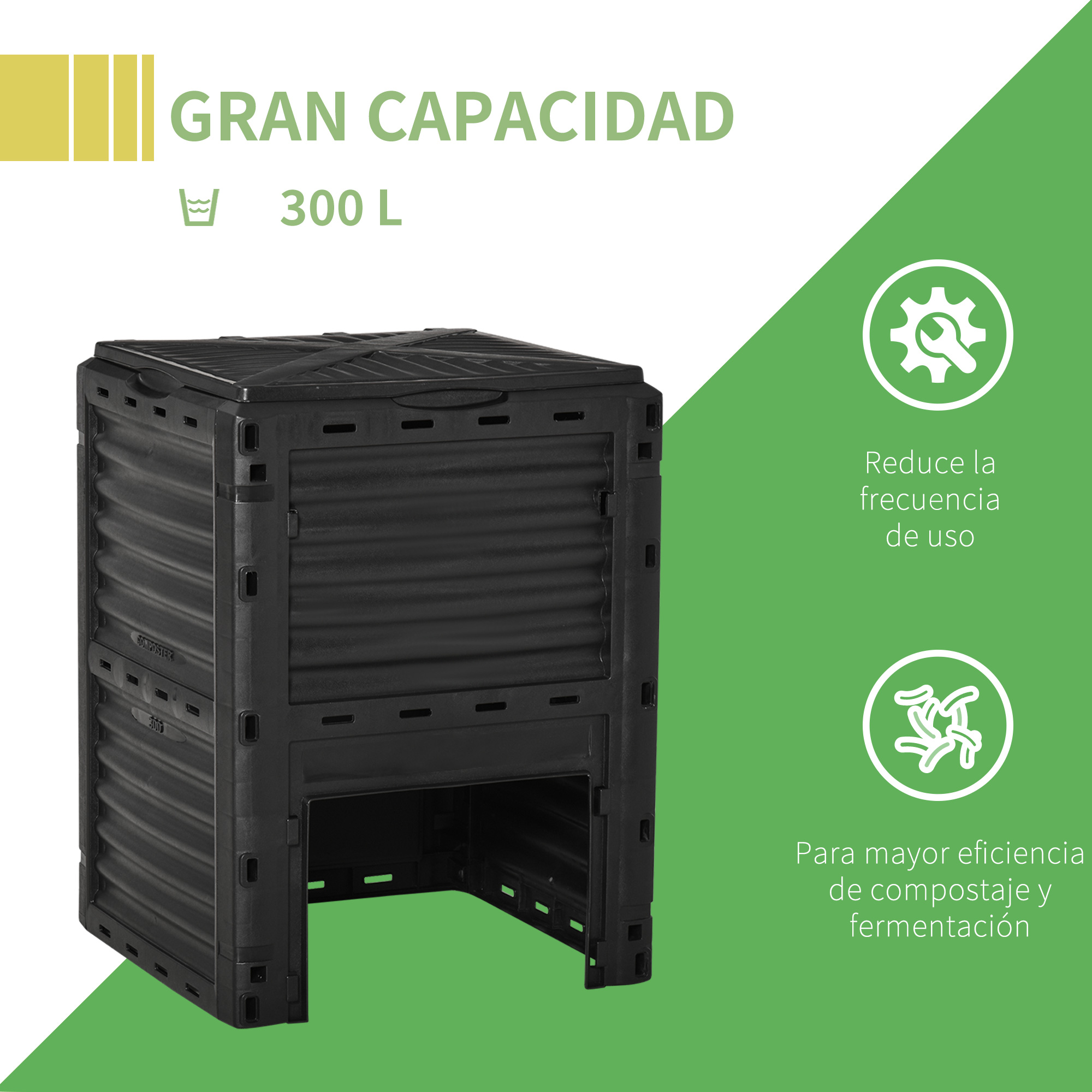 Compostador negro de 300 L de capacidad, para compostaje eficiente.