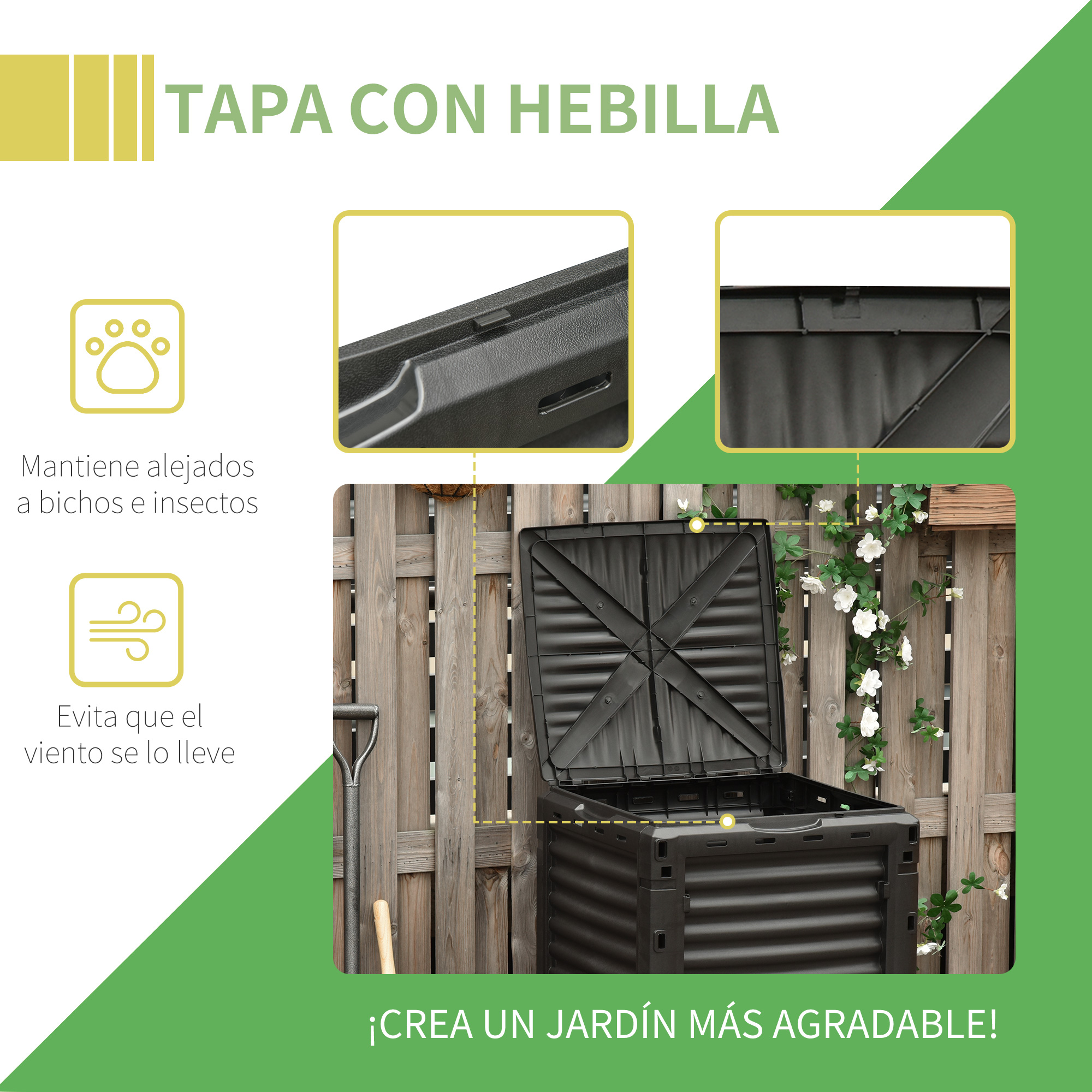 Compostador negro con tapa abierta frente a valla de madera. Imagen muestra detalle.