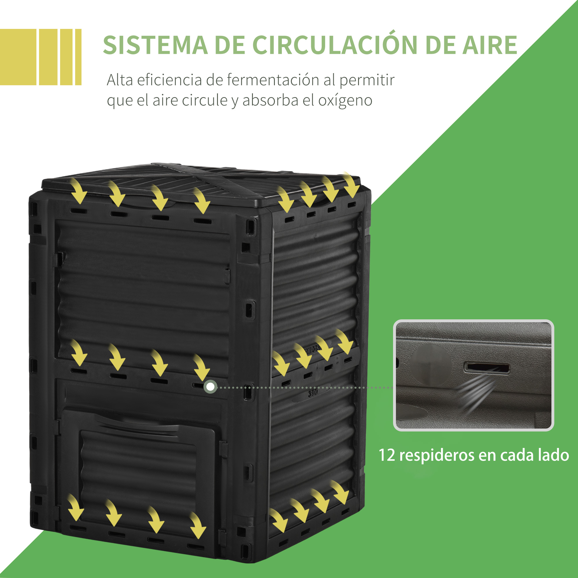 Compostador negro con flechas de circulación de aire y ventilaciones.