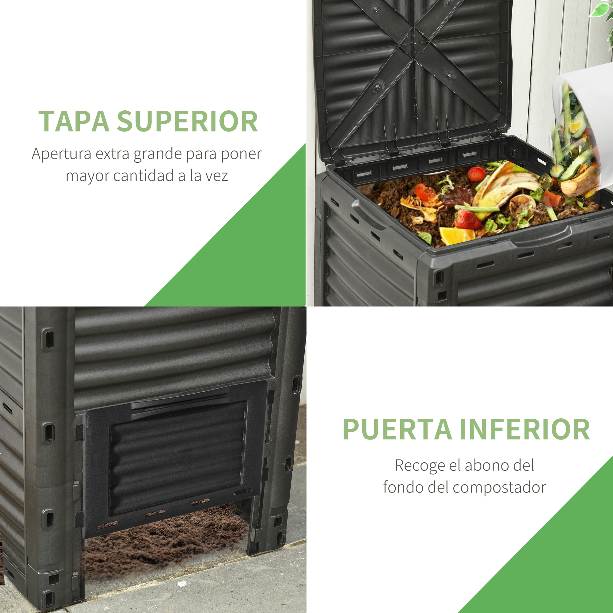 Contenedor de compost con tapa abierta, se arrojan restos de comida.