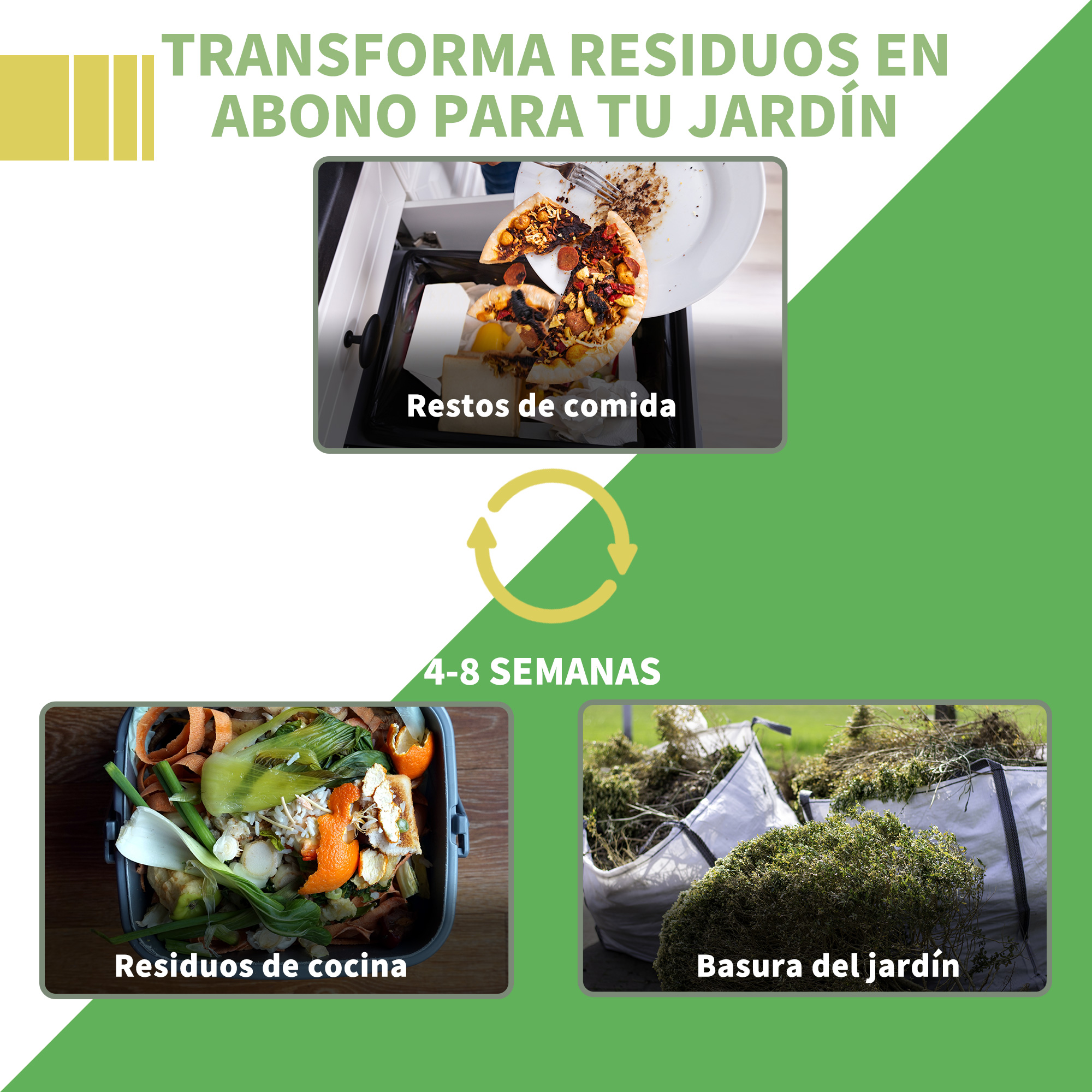 Compostaje de restos de comida, residuos de cocina y jardín en 4-8 semanas.