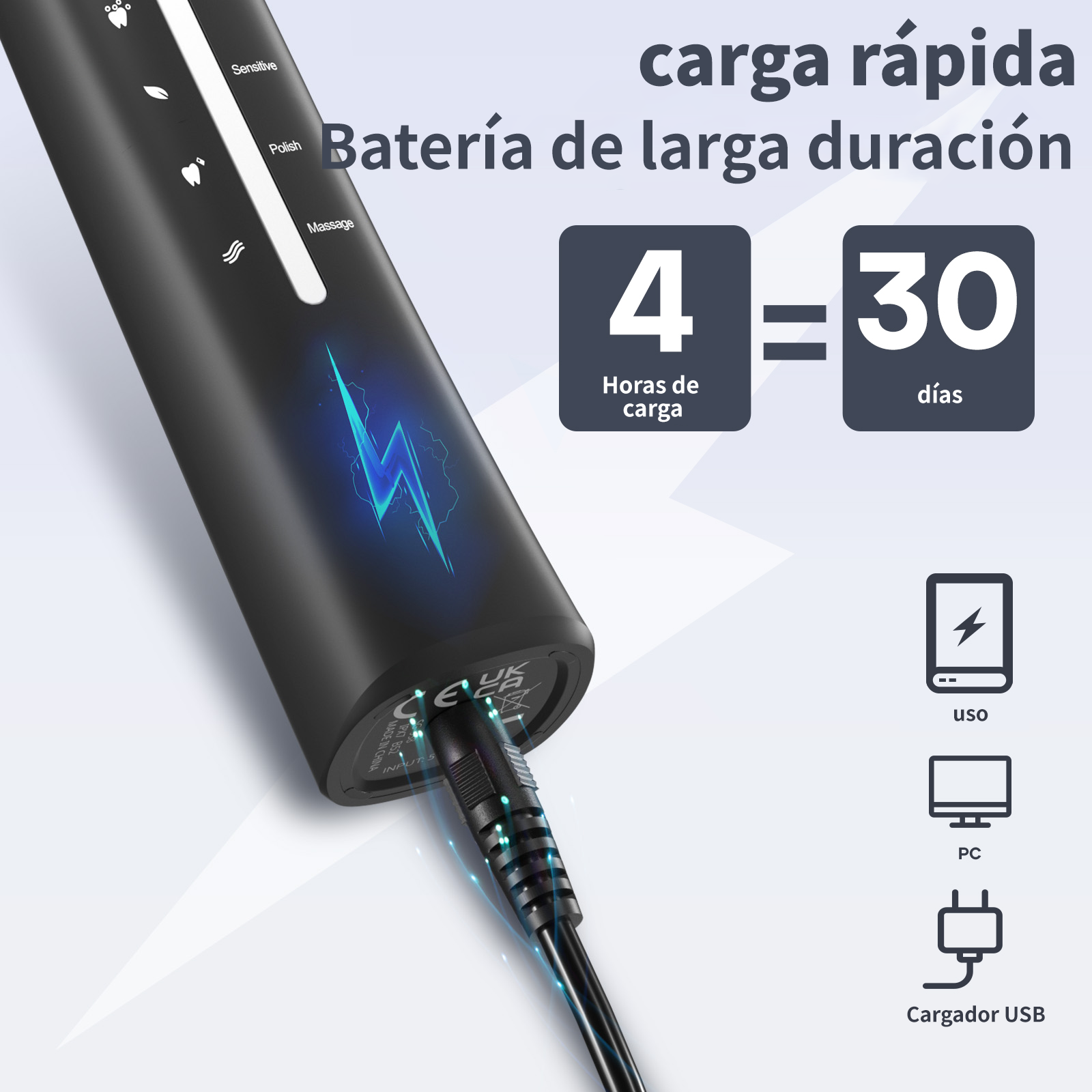 Cepillo de dientes eléctrico negro cargando, 4h carga para 30 días de uso.