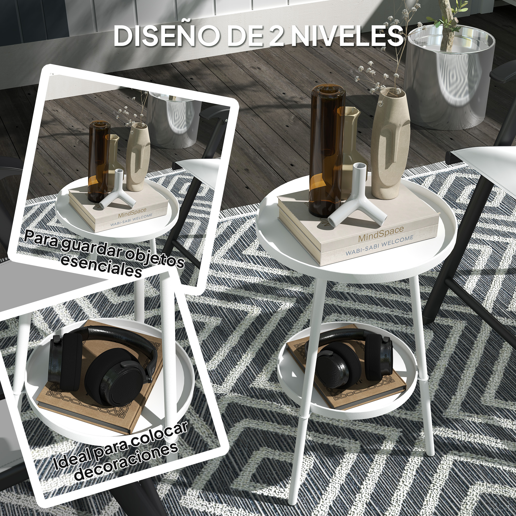 Dos mesas auxiliares blancas con decoración y libros sobre una alfombra.