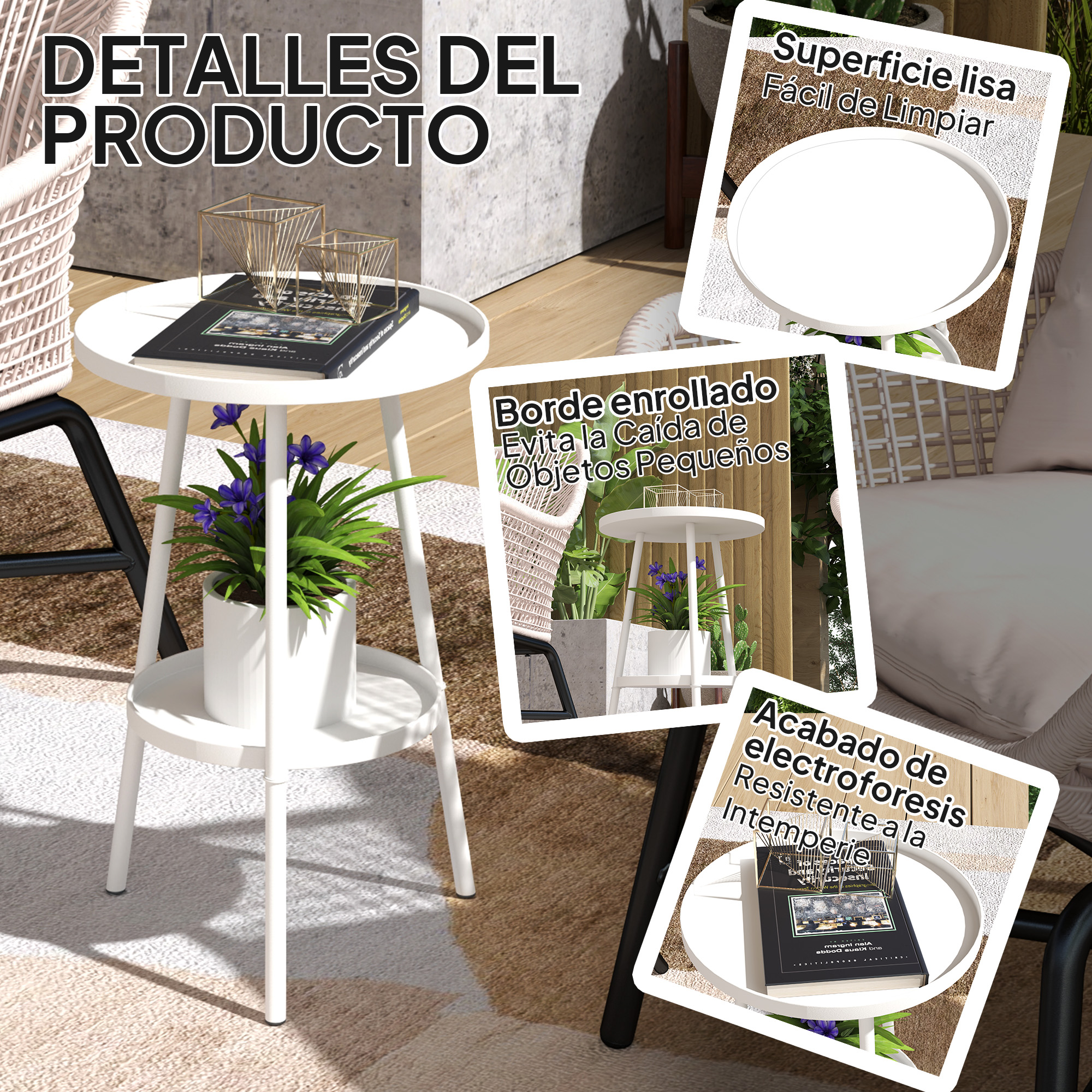 Una mesa auxiliar blanca con libro, planta y decoraciones.