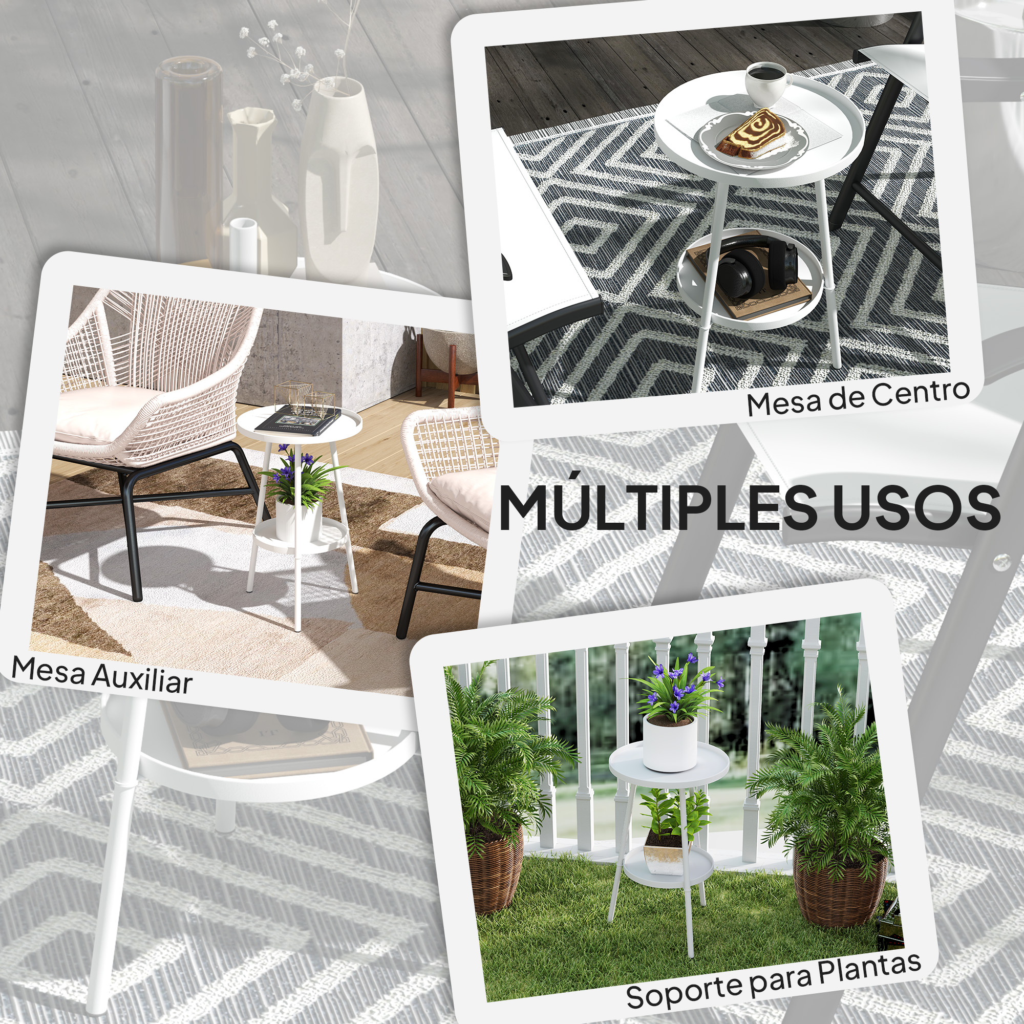 Tres mesas auxiliares blancas en uso: como mesa de centro, mesita y soporte para plantas.
