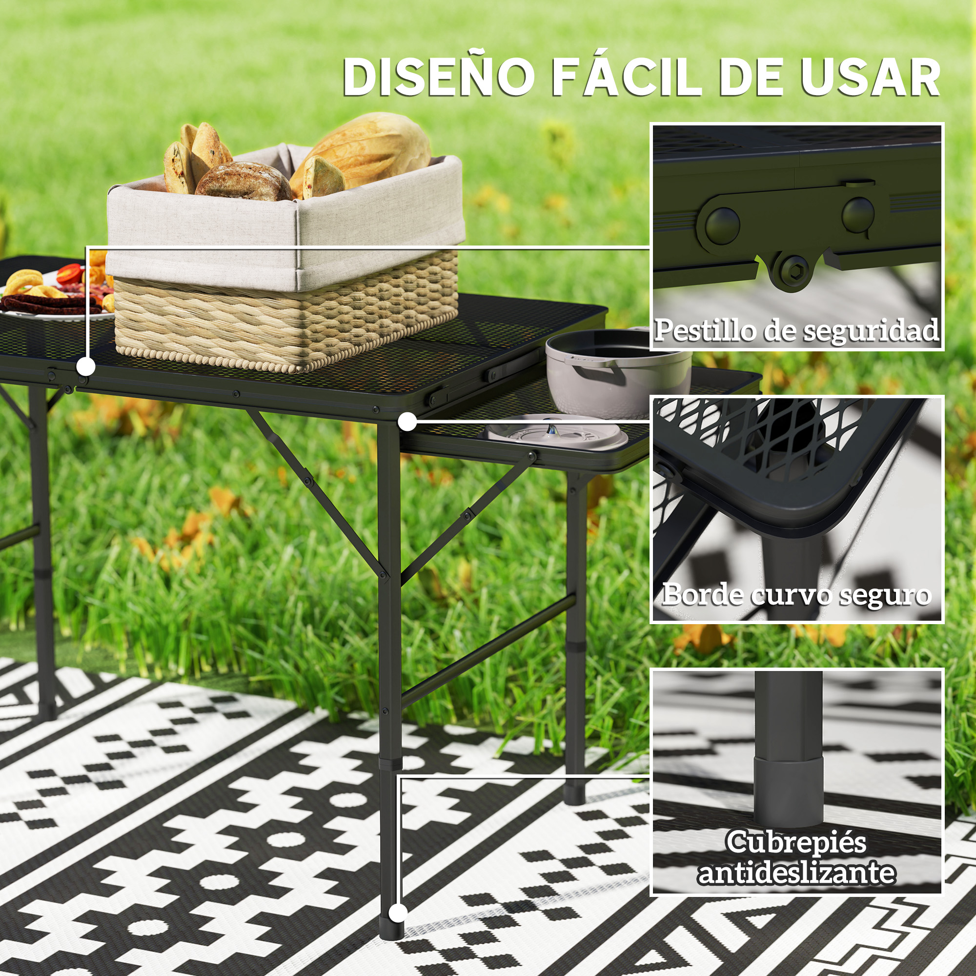 Una mesa de camping negra con pan en una cesta, sobre una alfombra.