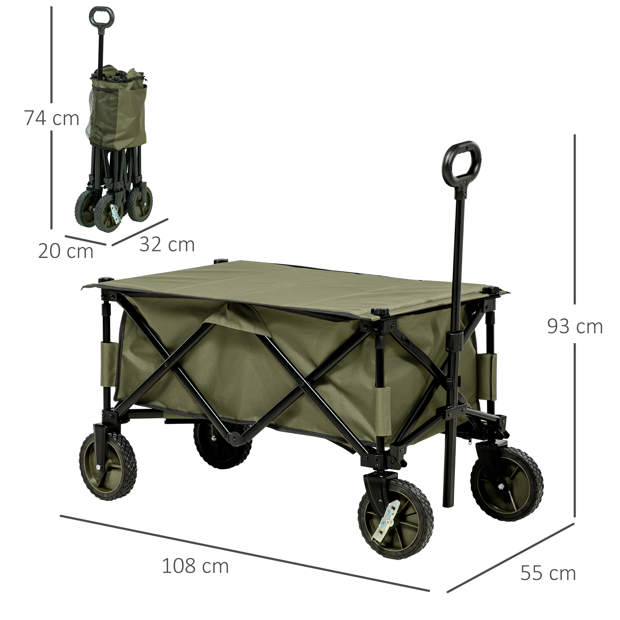 Un carrito de jardín plegable verde con dimensiones mostradas. Tiene un asa y cuatro ruedas.