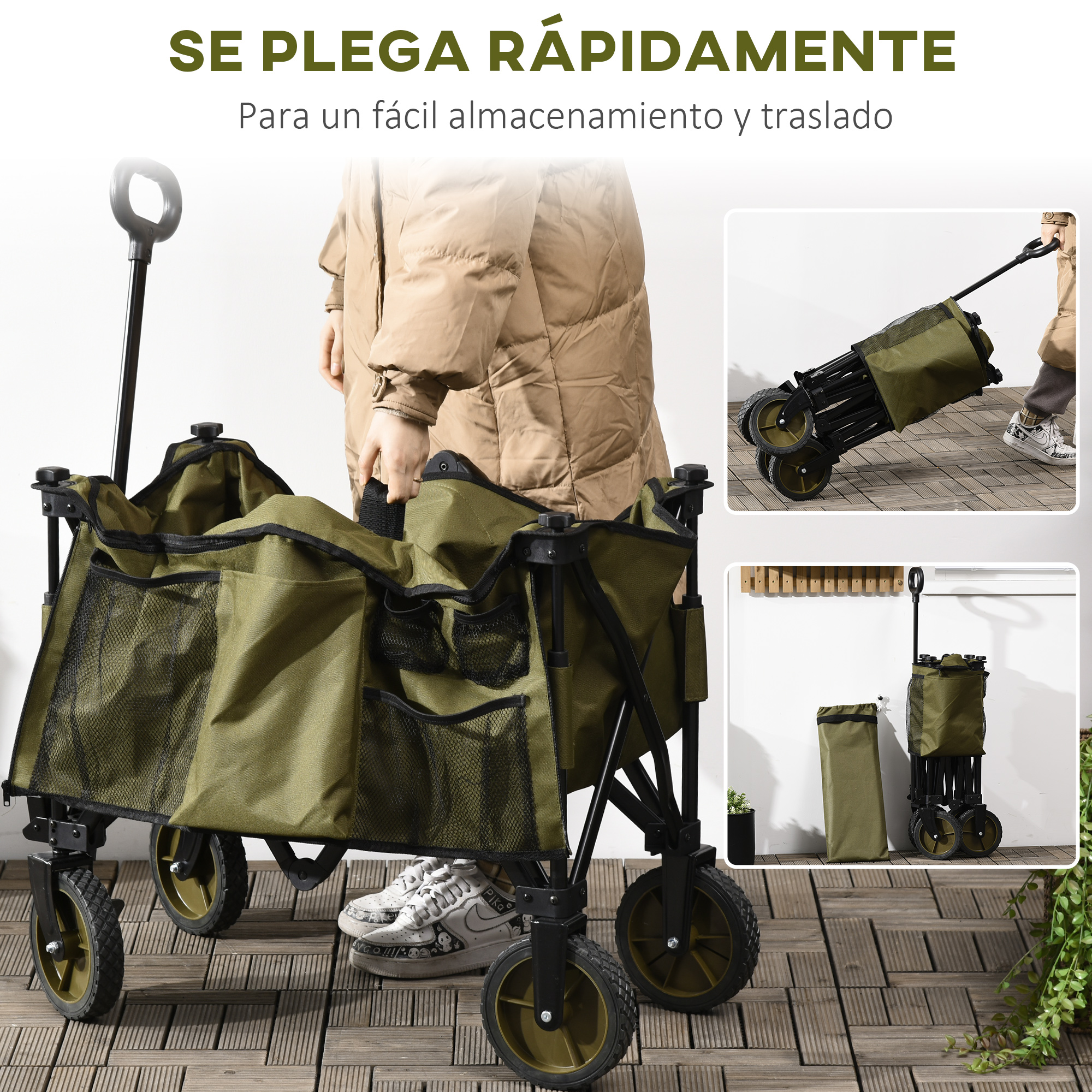 Se muestra un carro plegable verde con múltiples bolsillos. Está plegado y de pie.