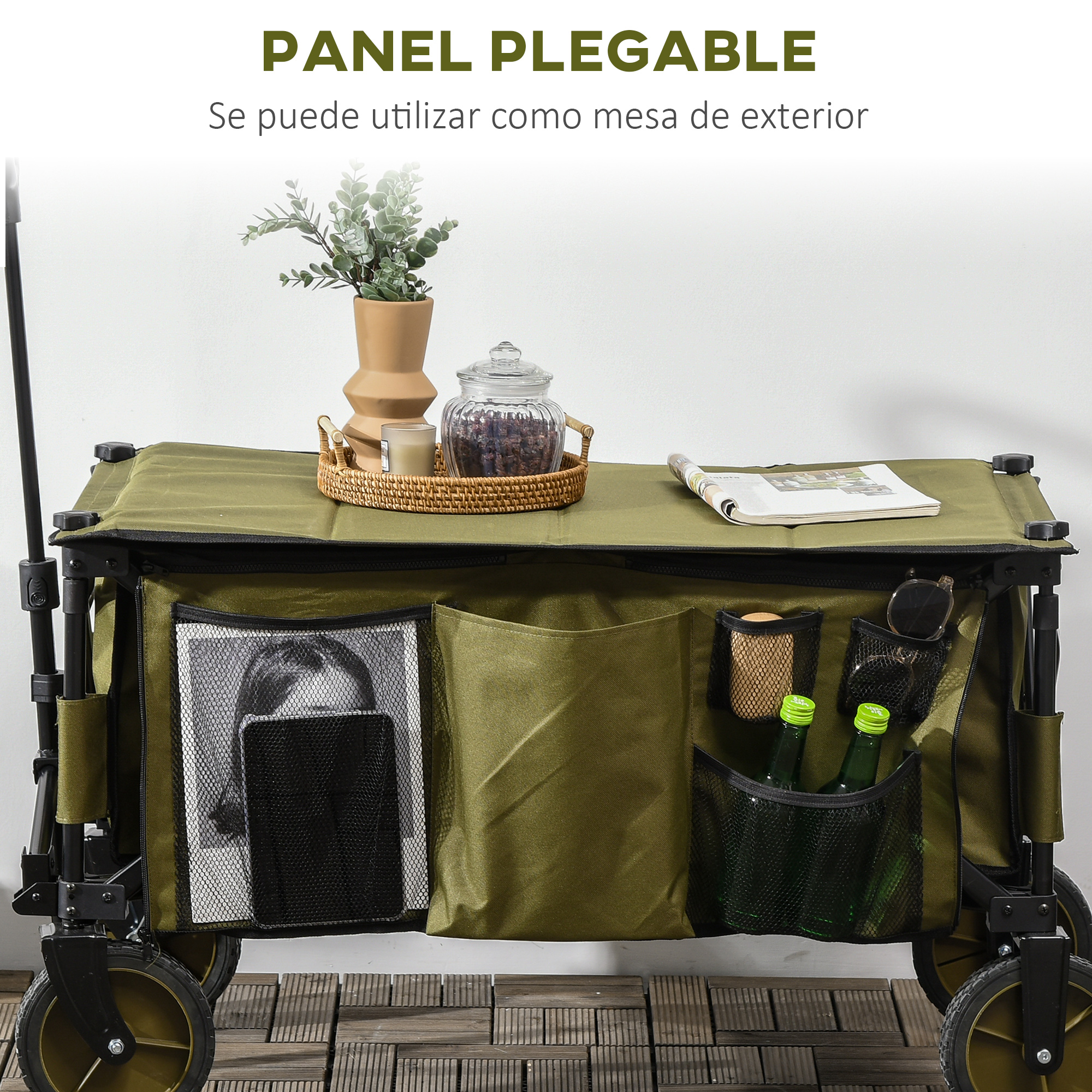Carro verde con tablero abatible, con objetos como jarrón y libros.