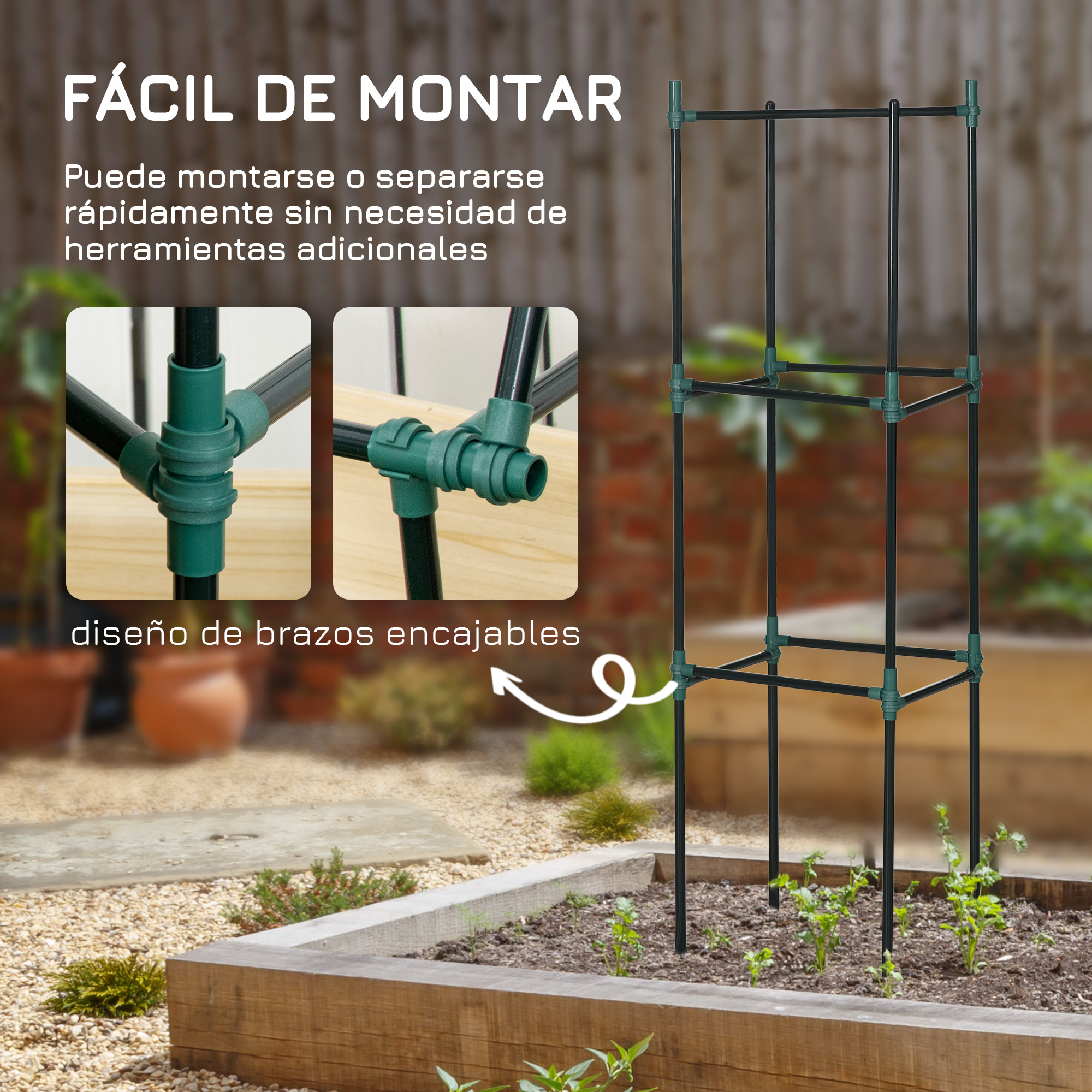 Una espaldera negra con conectores verdes en un bancal de jardín.