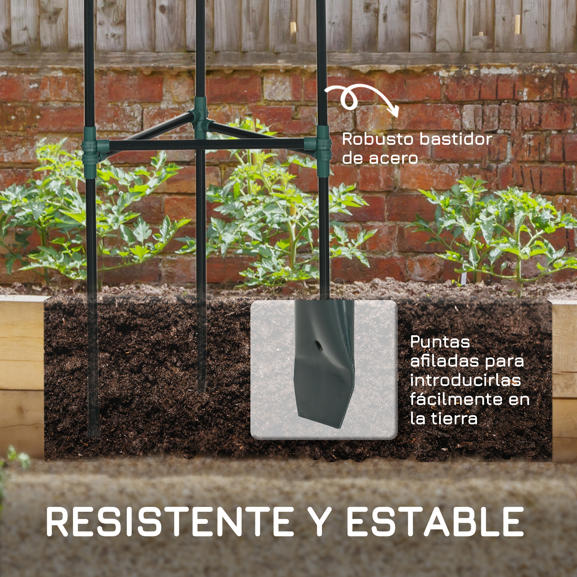 Estructura de acero con puntas para fácil inserción en tierra.