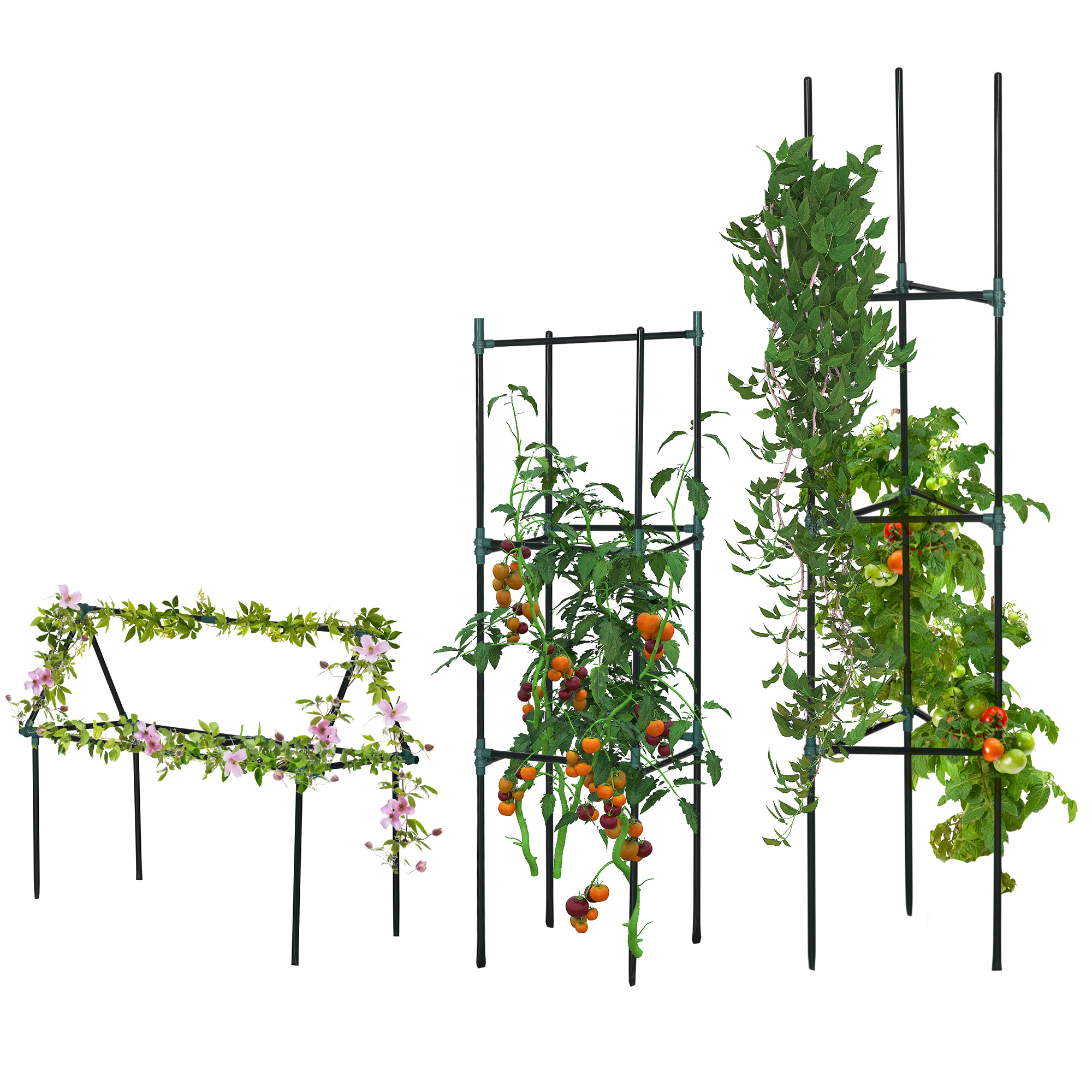Tres enrejados para plantas: uno con flores rosas, dos con tomates.