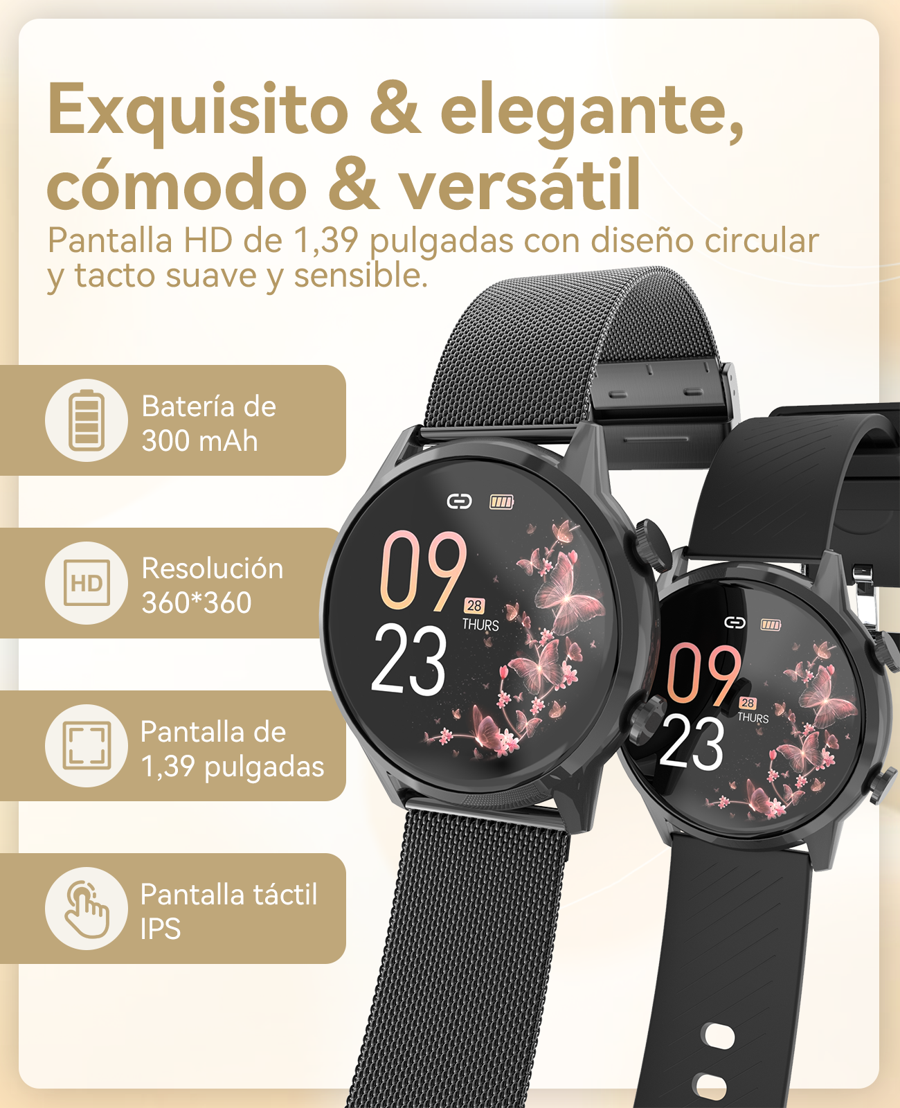 Dos elegantes relojes inteligentes negros con esfera de mariposa, uno con correa milanesa.