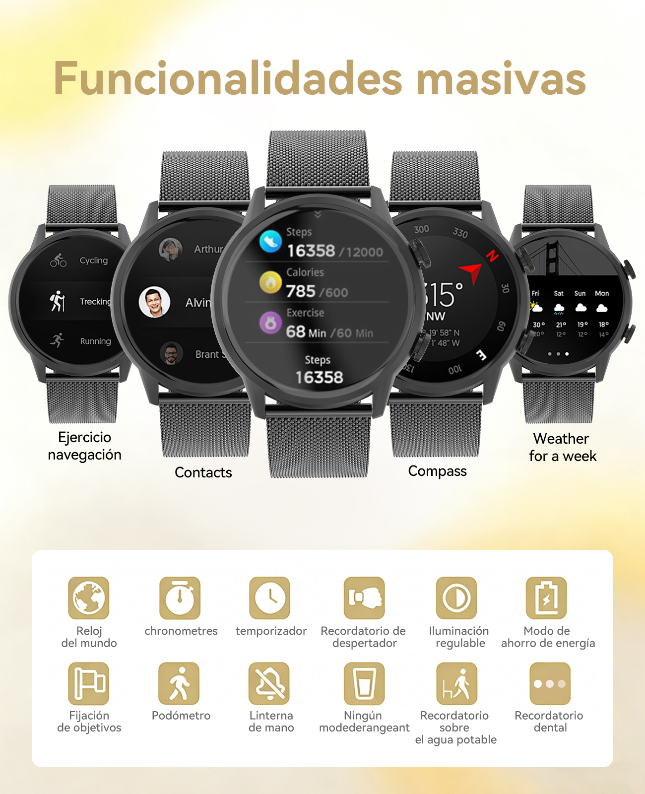 Varios smartwatches muestran funciones: pasos, contactos, brújula y clima.