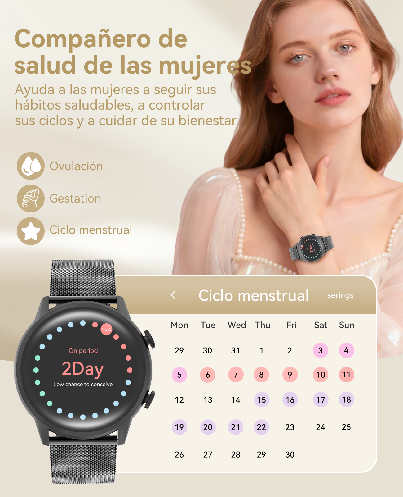 Mujer con smartwatch para seguimiento de ciclo, muestra calendario y periodo.