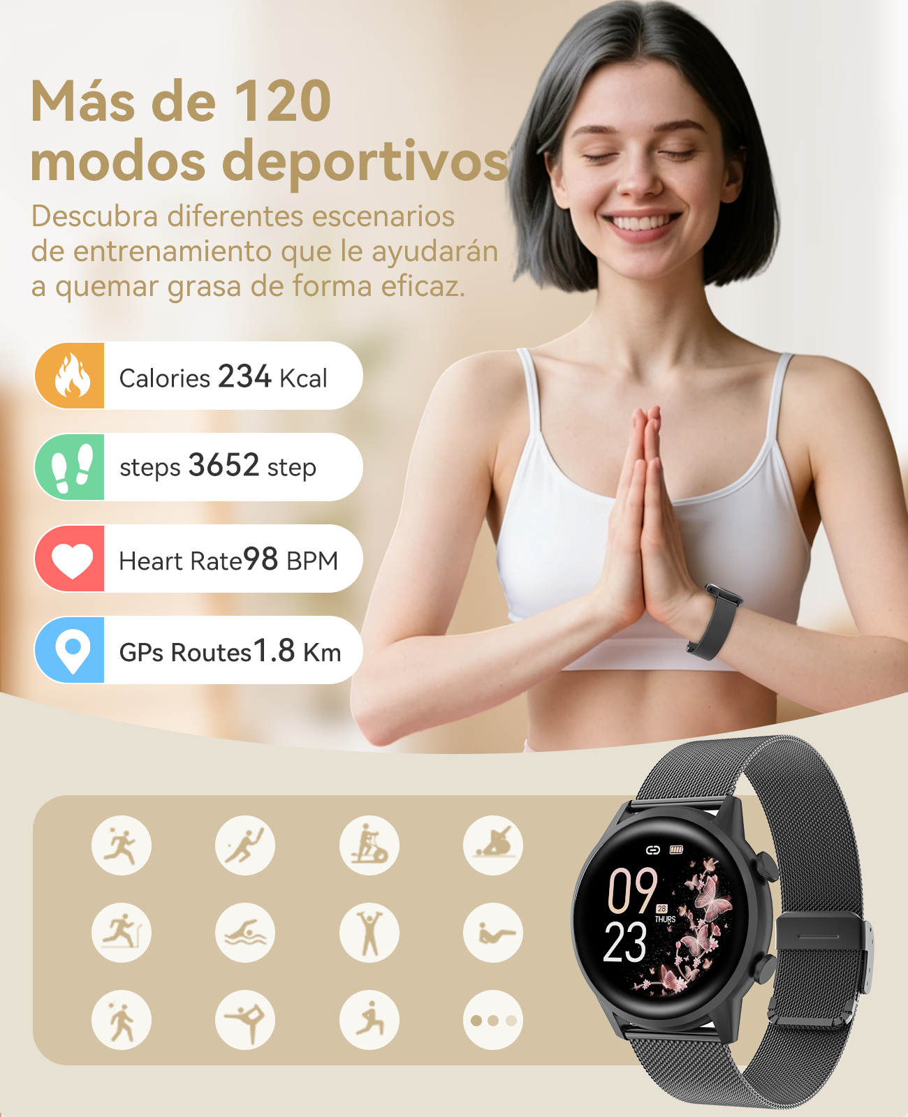 Una mujer con ojos cerrados y manos juntas, junto a un reloj inteligente mostrando modos deportivos.