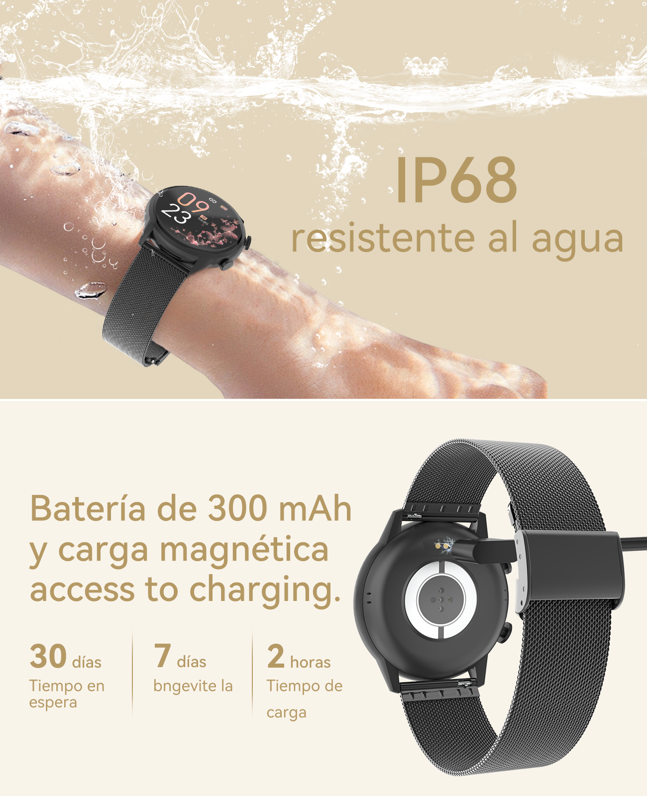 Reloj inteligente negro en muñeca, sumergido en agua. IP68 resistente.