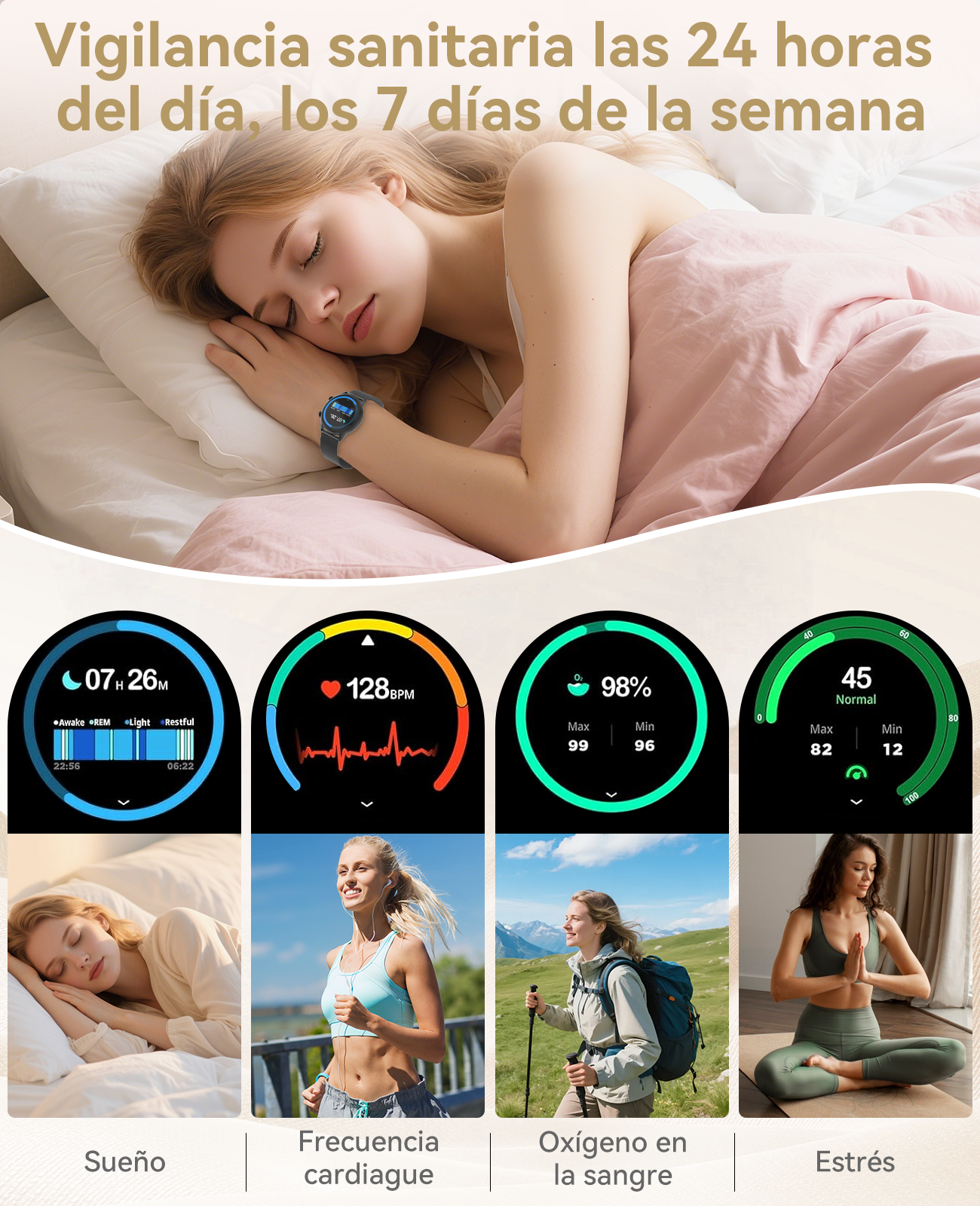 Una mujer duerme. Se muestran datos de salud sobre sueño, ritmo cardíaco, oxígeno y estrés.