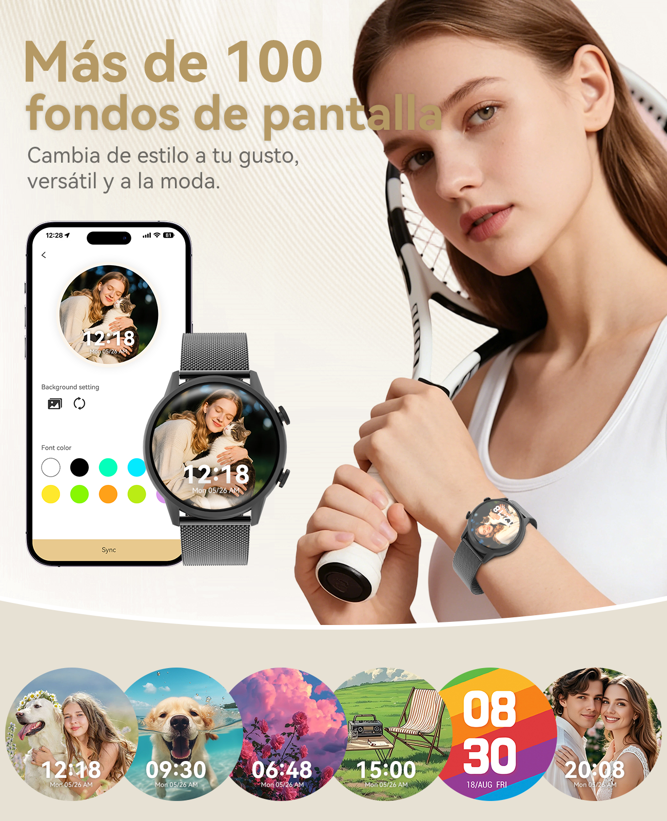 Una mujer con una raqueta de tenis y un smartwatch mostrando varias esferas.