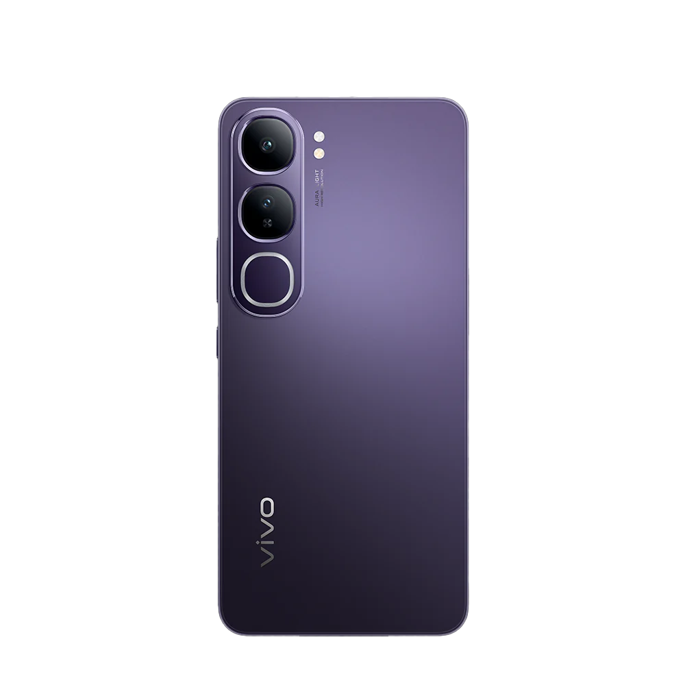 Teléfono inteligente morado con cámara triple y logo VIVO sobre fondo blanco.