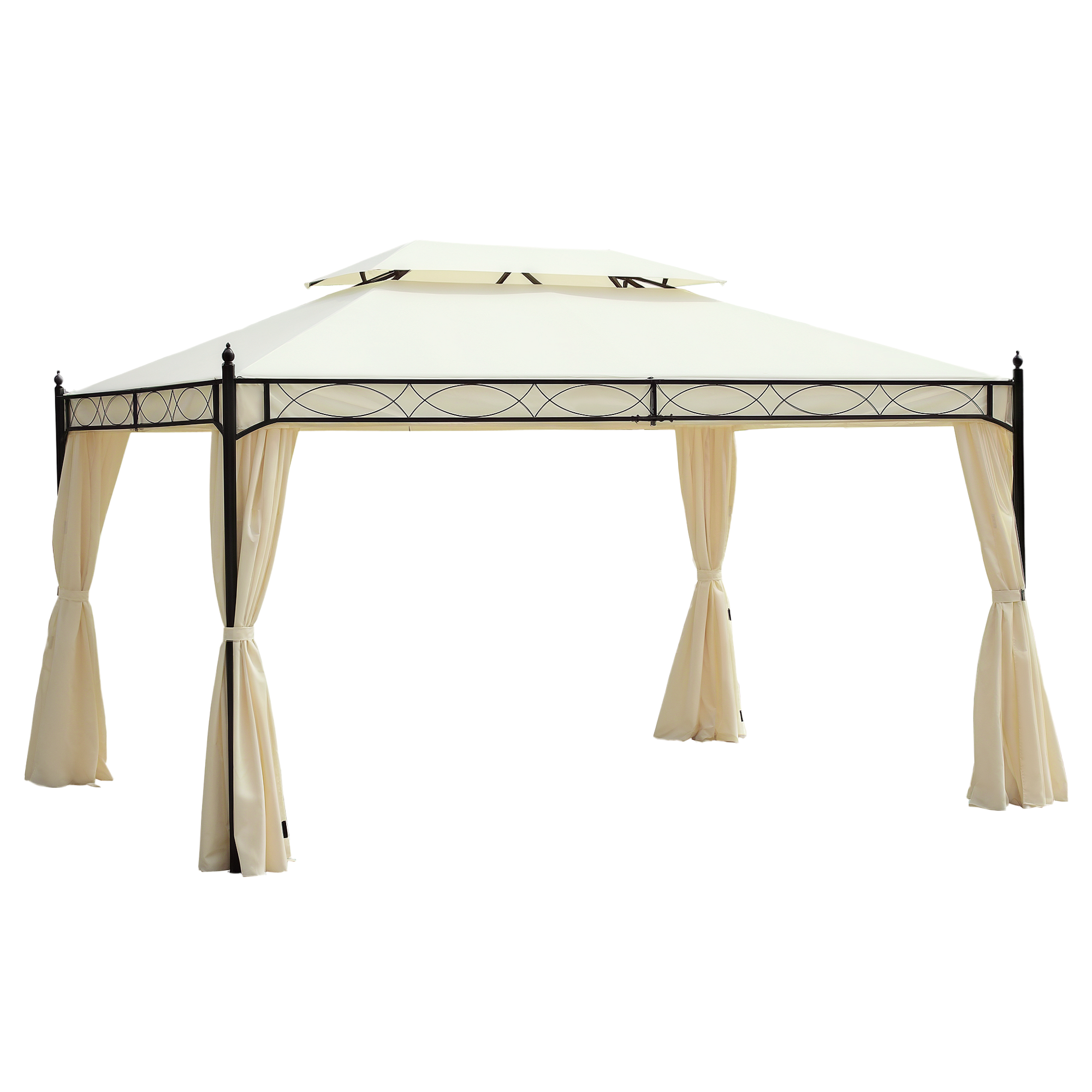 Un gazebo color crema con otto pali e tende.
