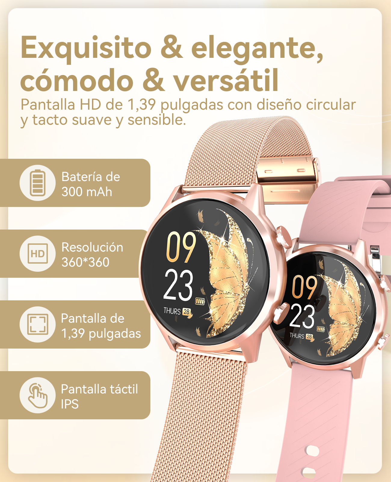 Dos elegantes relojes inteligentes oro rosa con pantalla mariposa y correa rosa.