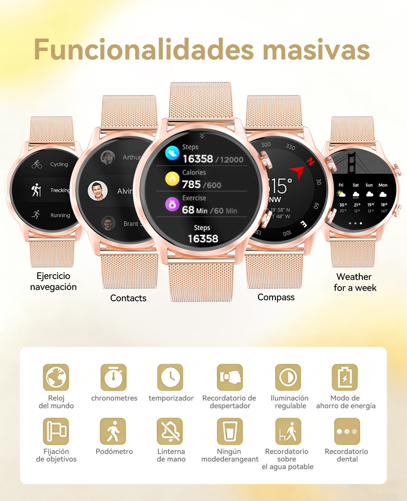 Tres smartwatches oro rosa mostrando pantallas: deportes, contactos, brújula, clima.
