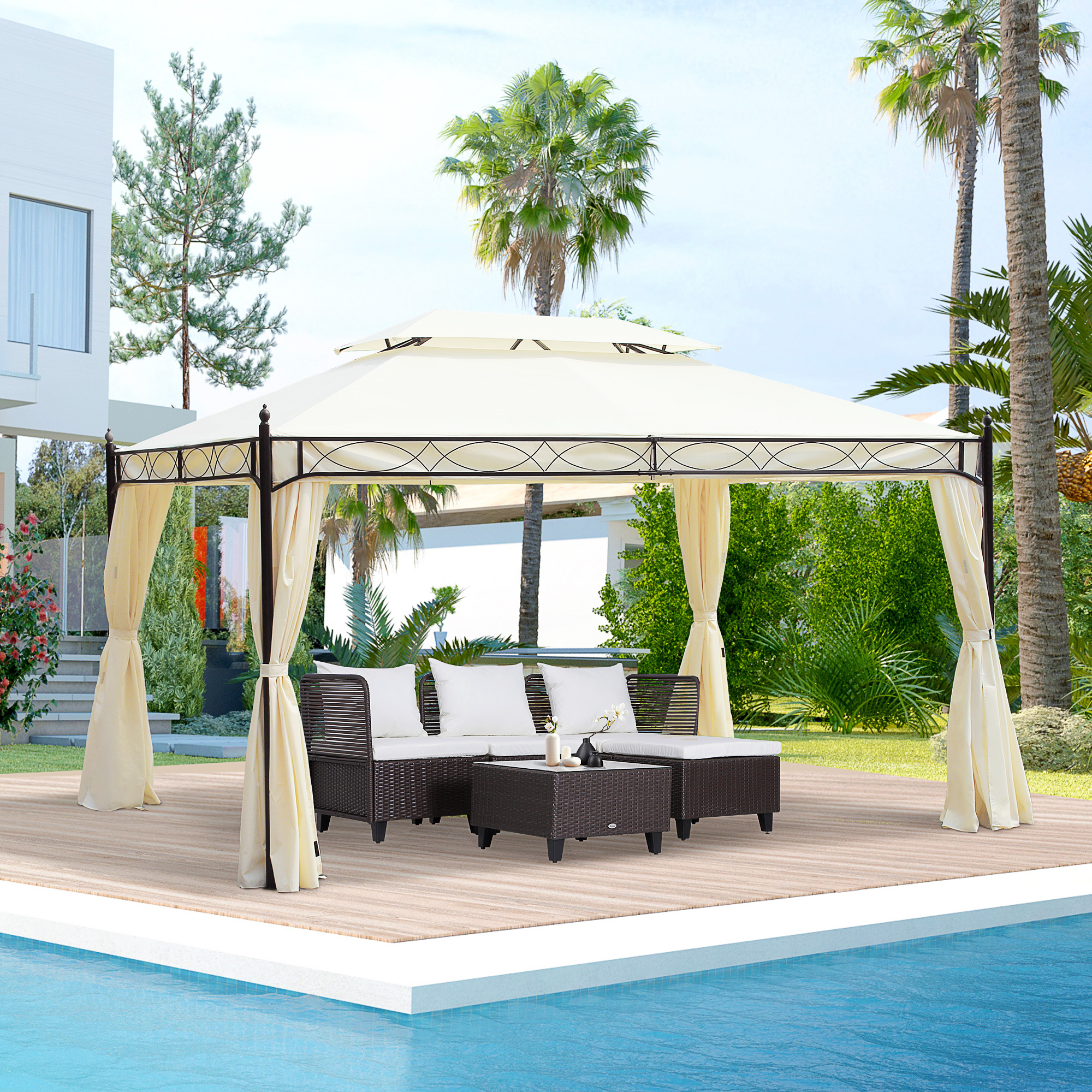 Una gazebo con posti a sedere vicino a una piscina, con palme e una casa.