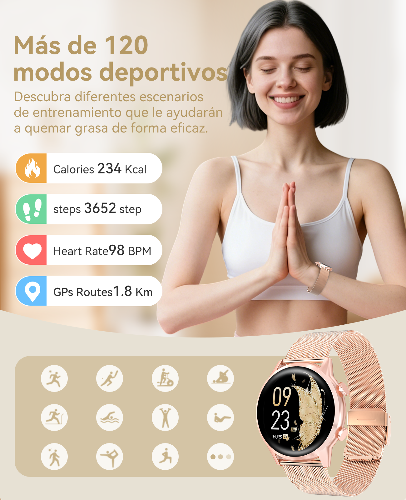 Mujer en ropa deportiva meditando. Smartwatch muestra calorías, pasos, ritmo cardíaco, distancia.