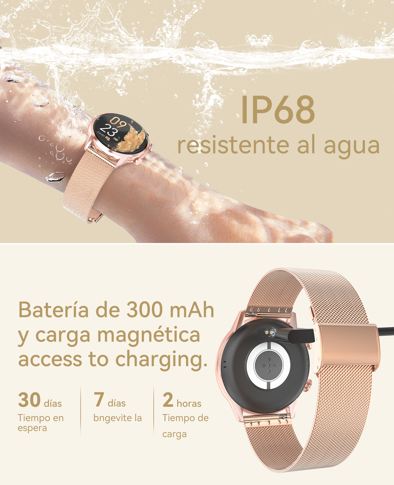 Un reloj inteligente rose gold con resistencia al agua IP68 se está cargando.