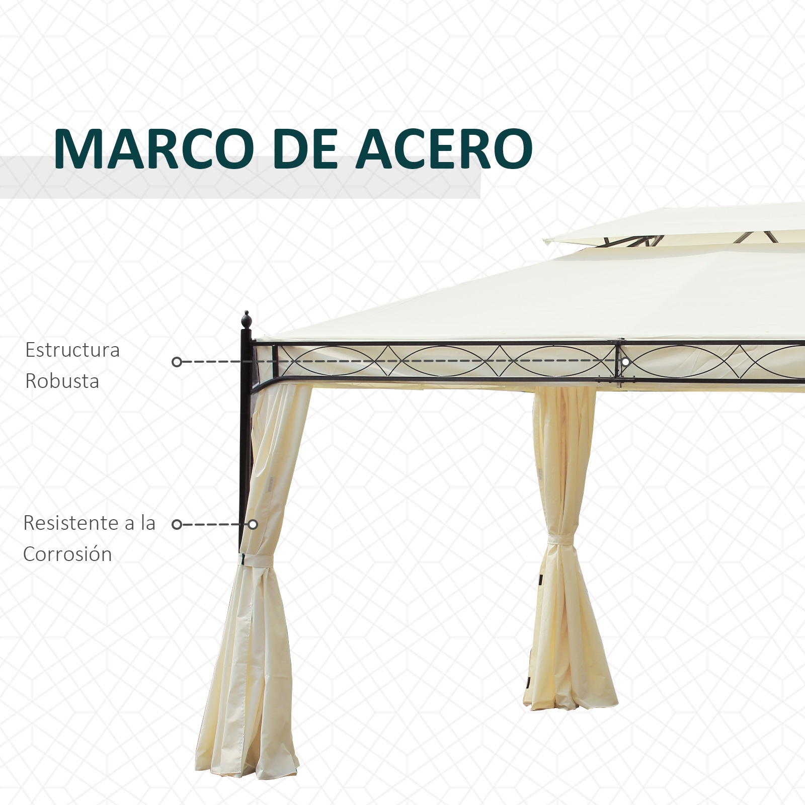 Un cenador color crema con marco de metal oscuro y cortinas.