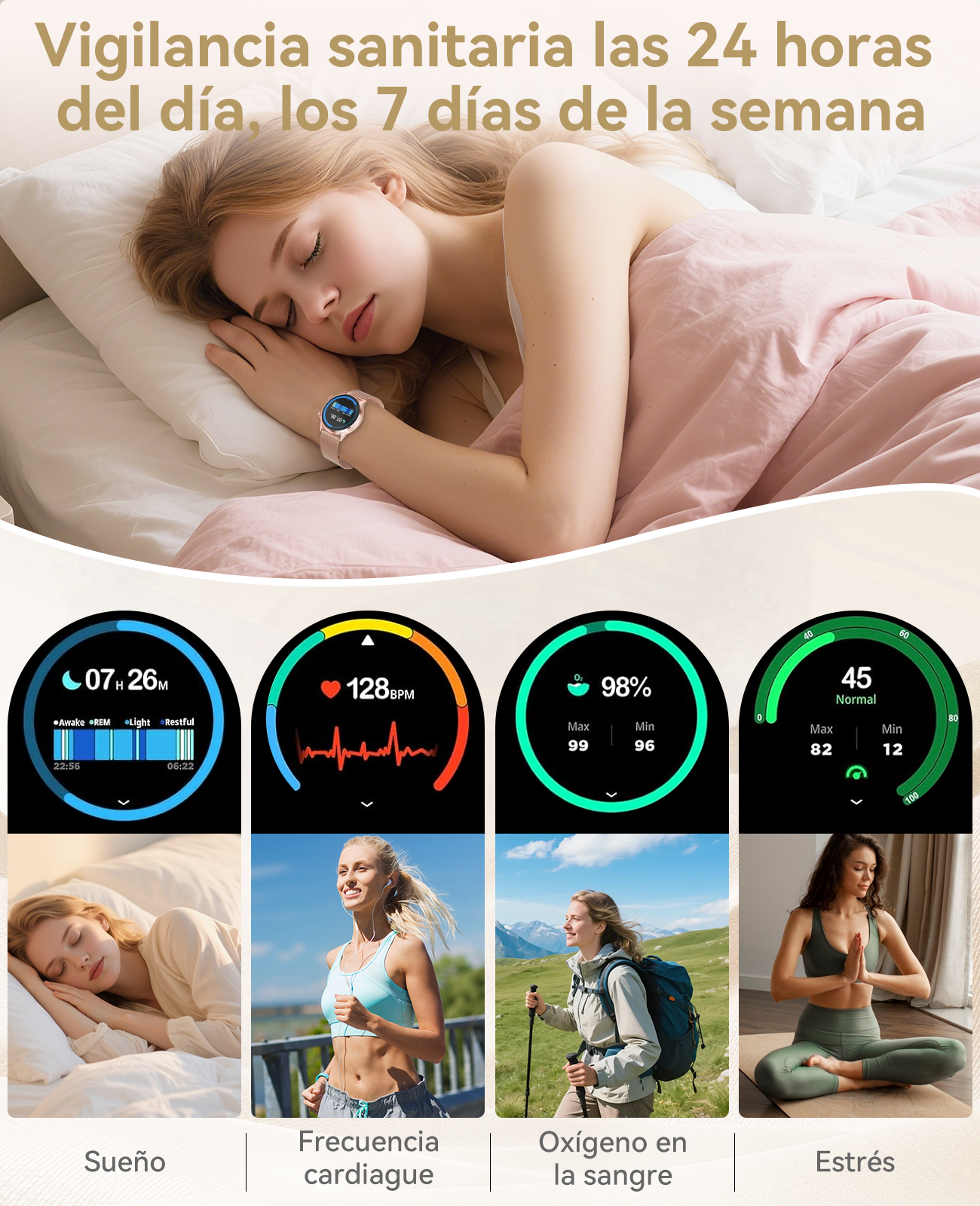Mujer durmiendo; pantallas de app de salud: sueño, pulso, oxígeno, estrés.