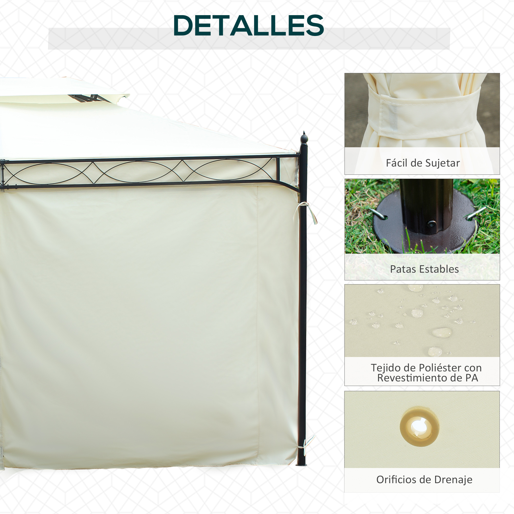 Detalles de cenador beige: sujeción, patas, tela y orificios.