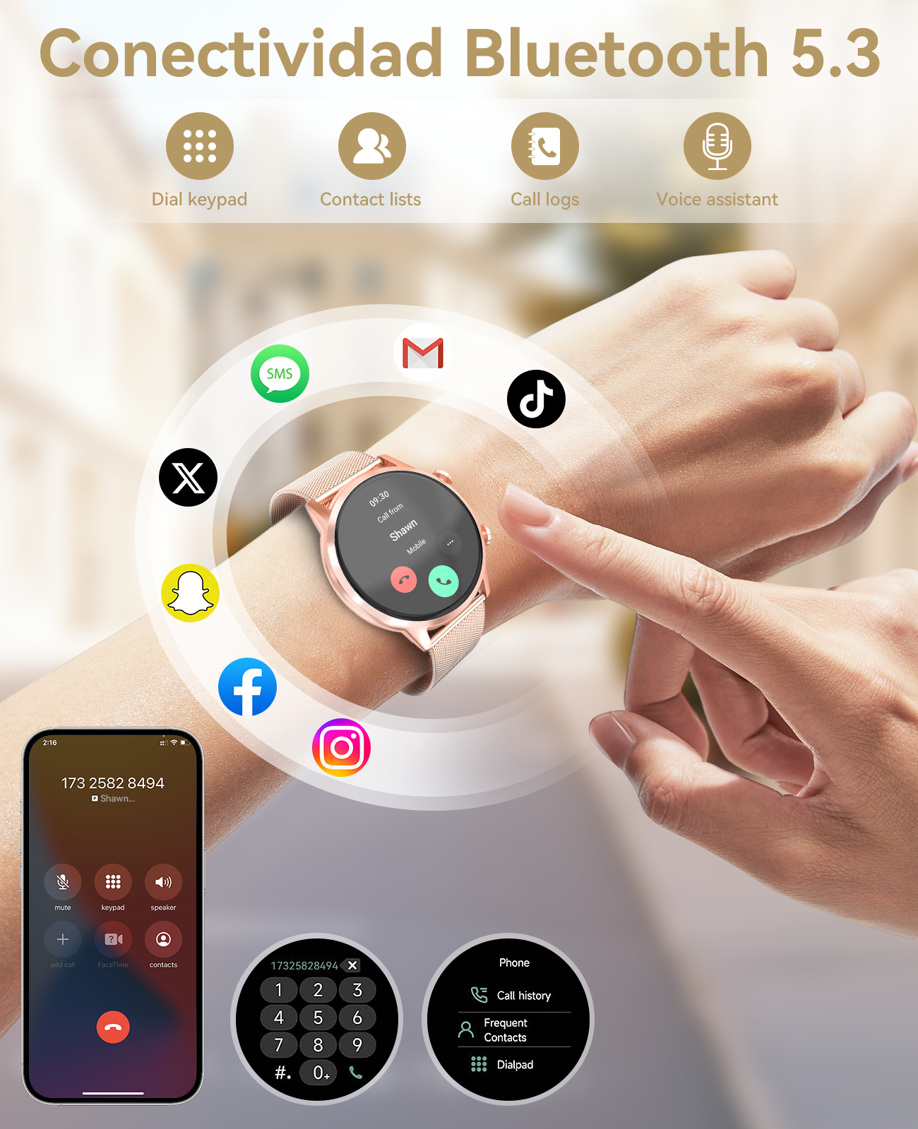 Una mano lleva un reloj inteligente con iconos de aplicaciones y un teléfono muestra información de llamada.