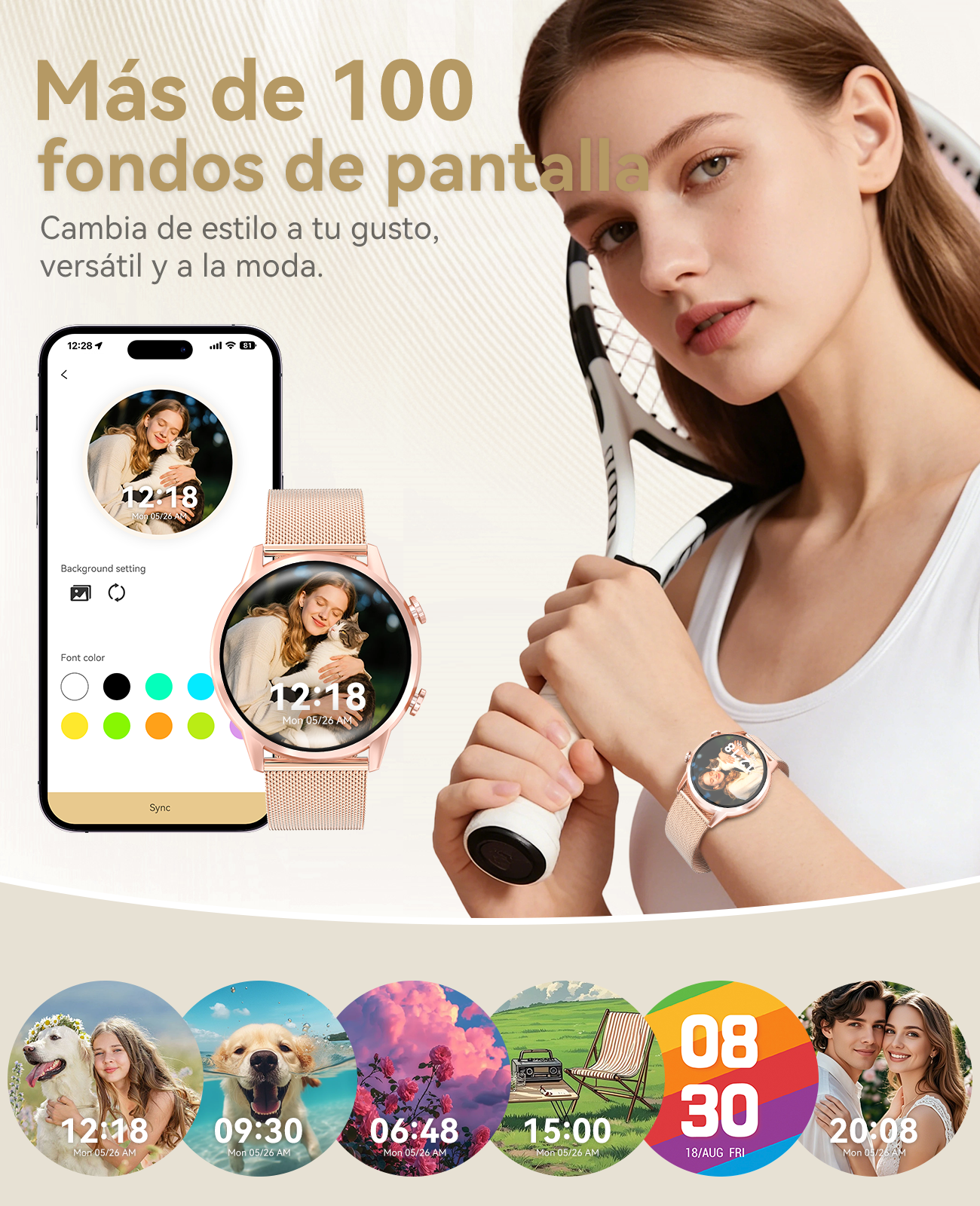 Mujer con raqueta, smartwatch con foto de gato, teléfono con foto de gato, varias esferas.