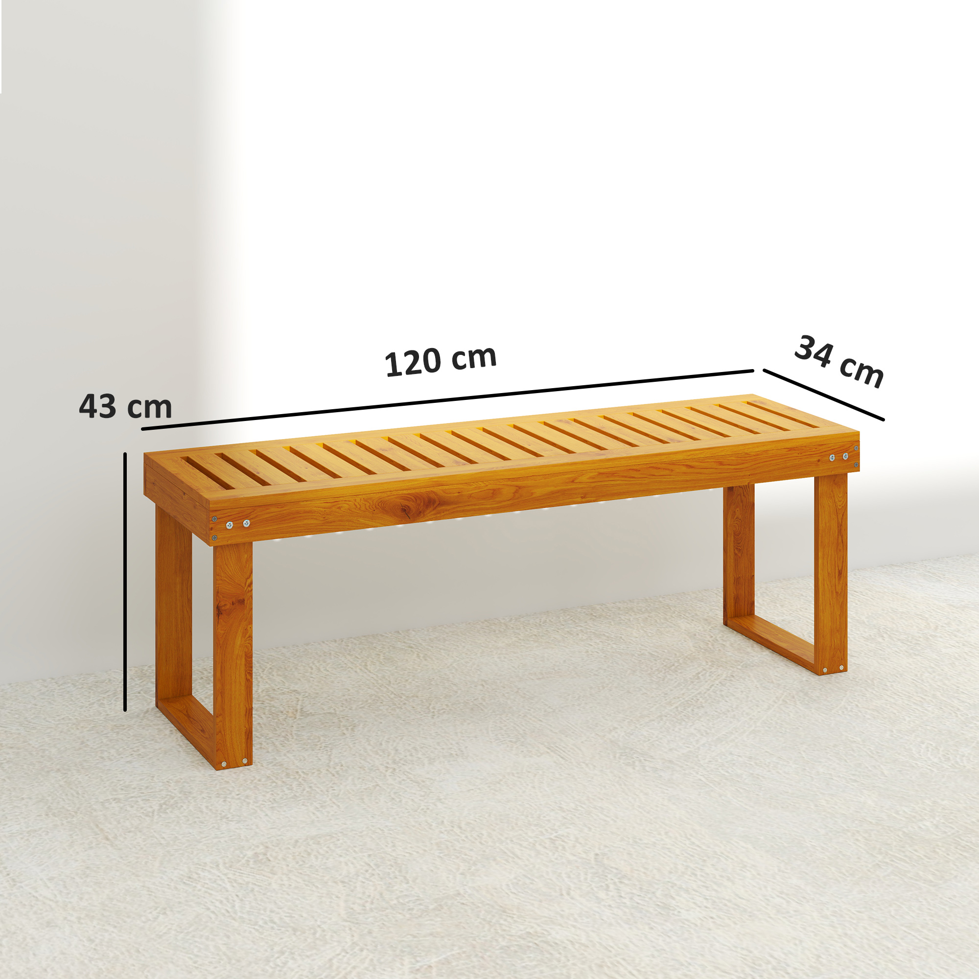 Banco de madera con tapa de listones, 120 cm de largo, 34 cm de ancho.